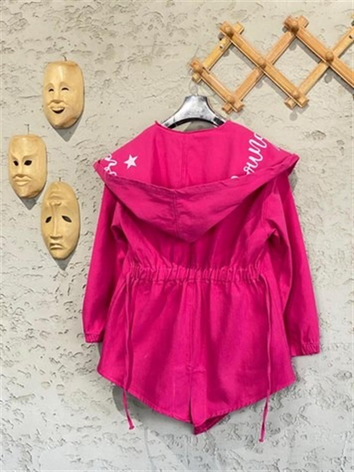Tasarım Belden Lastikli Gabardin Dokulu Ceket (Fuşya)