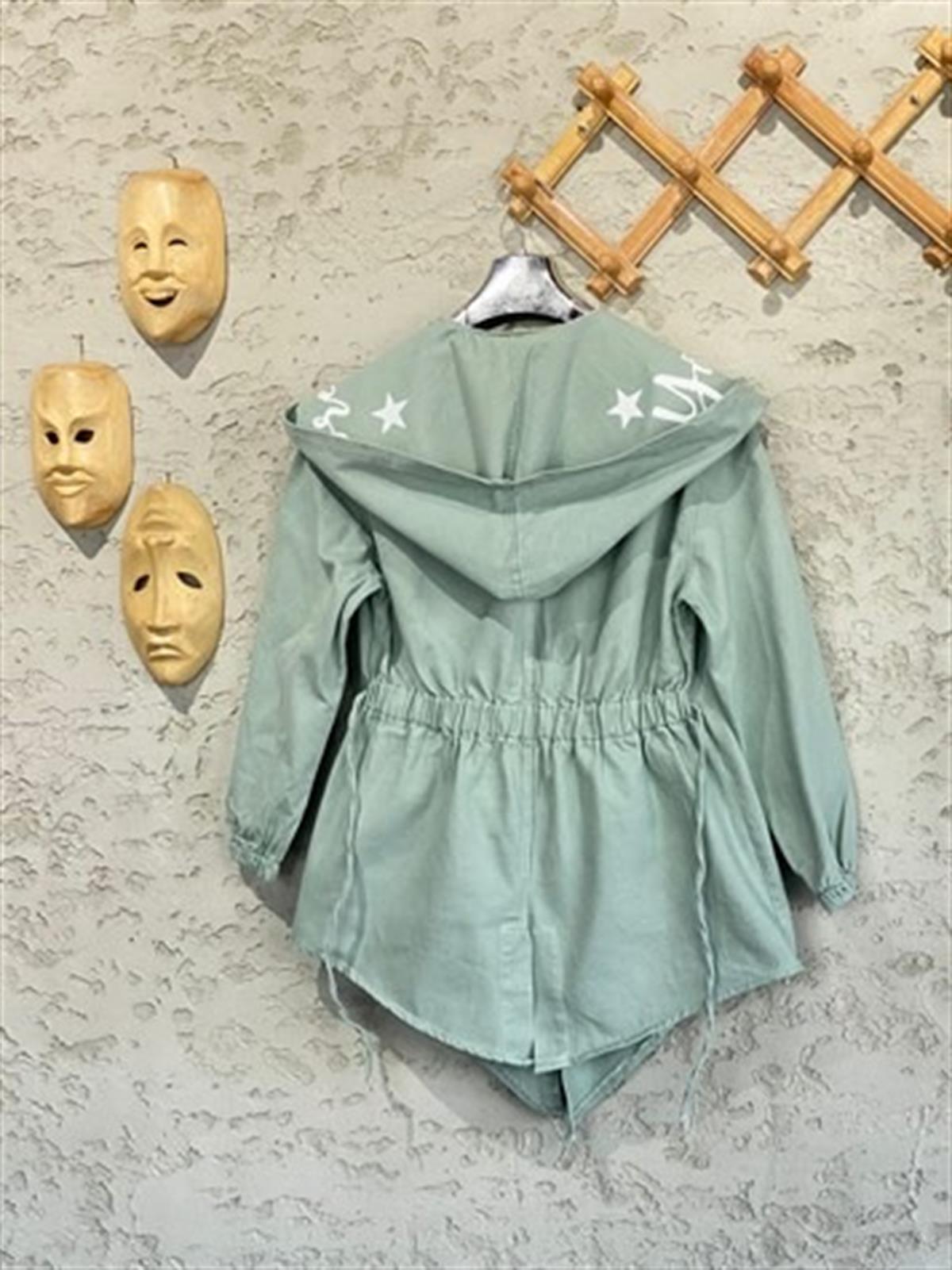 Tasarım Belden Lastikli Gabardin Dokulu Ceket (Mint)