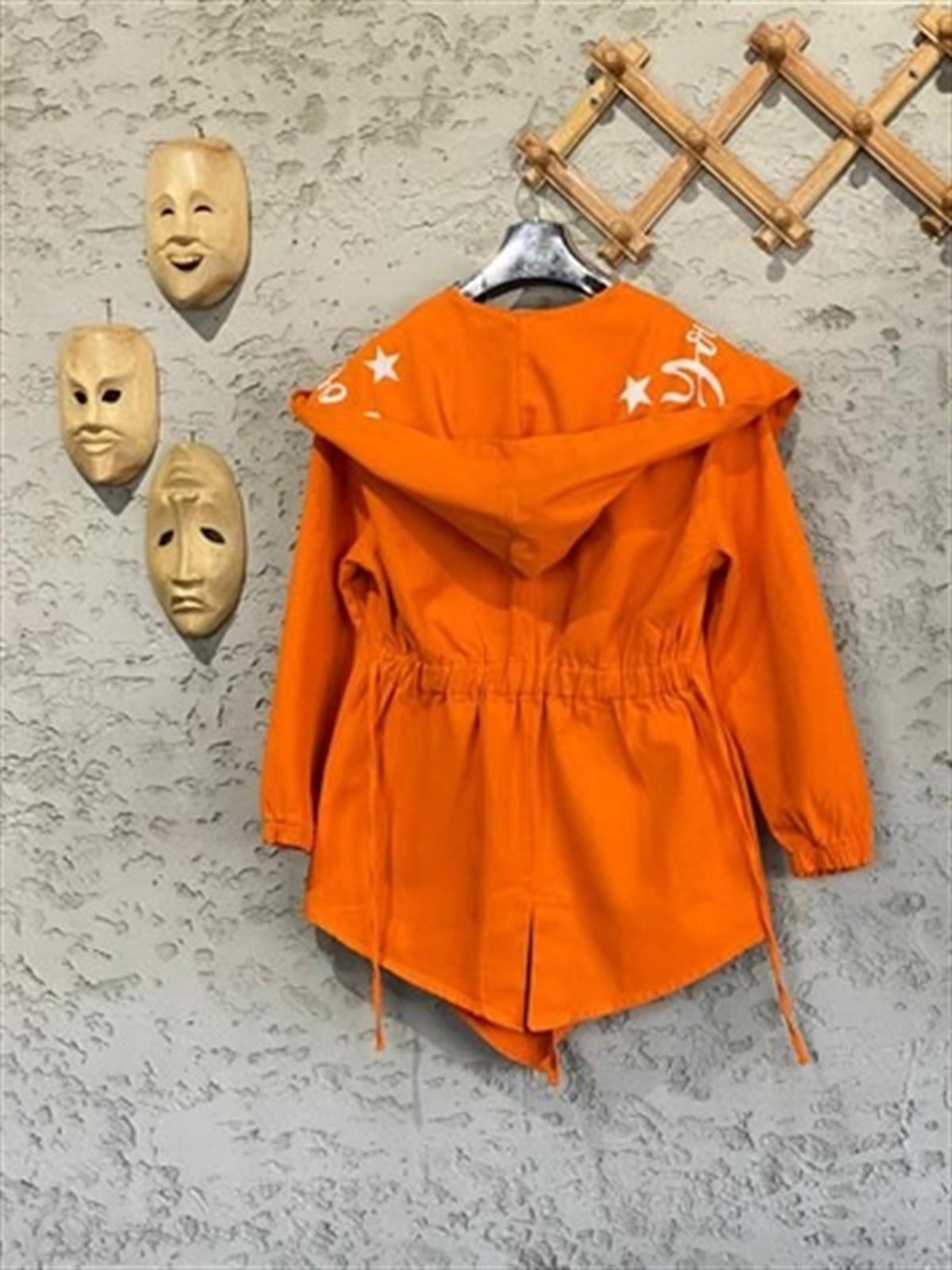 Tasarım Belden Lastikli Gabardin Dokulu Ceket (Oranj)