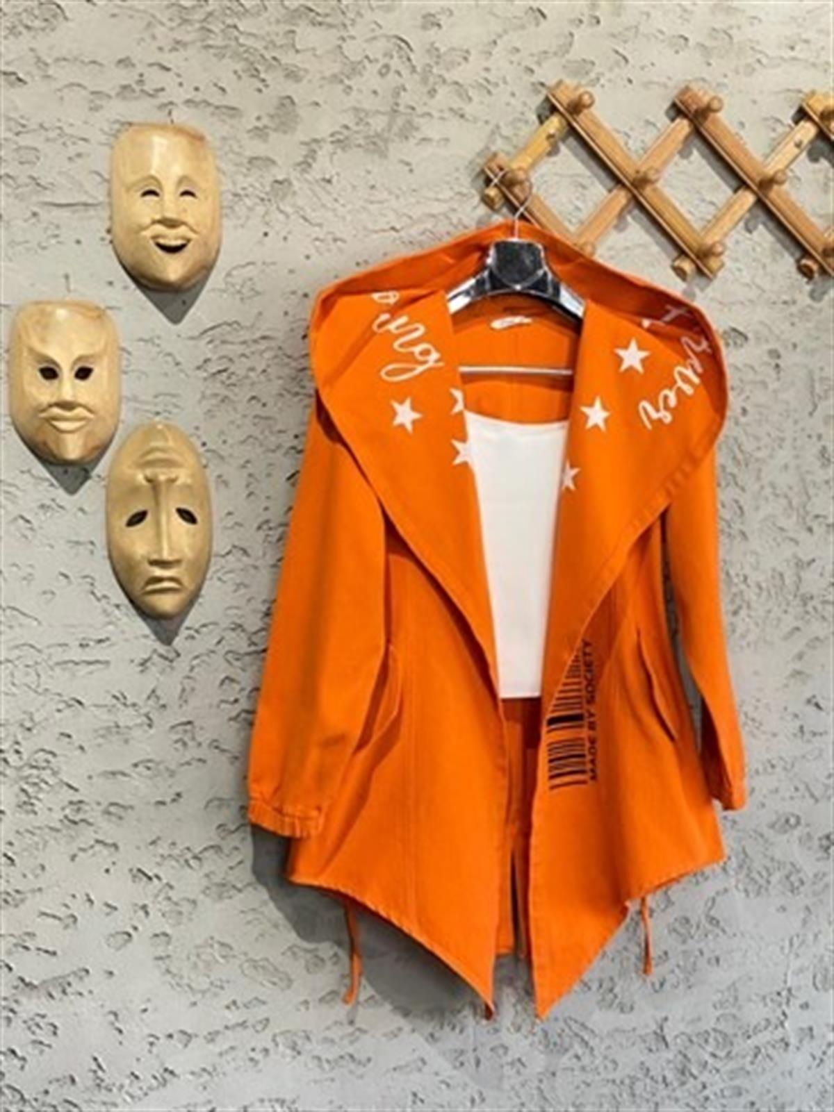 Tasarım Belden Lastikli Gabardin Dokulu Ceket (Oranj)