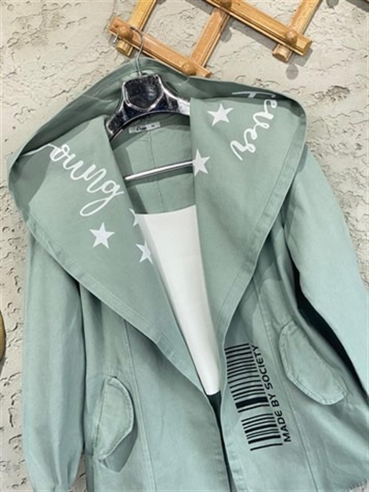 Tasarım Belden Lastikli Gabardin Dokulu Ceket (Mint)
