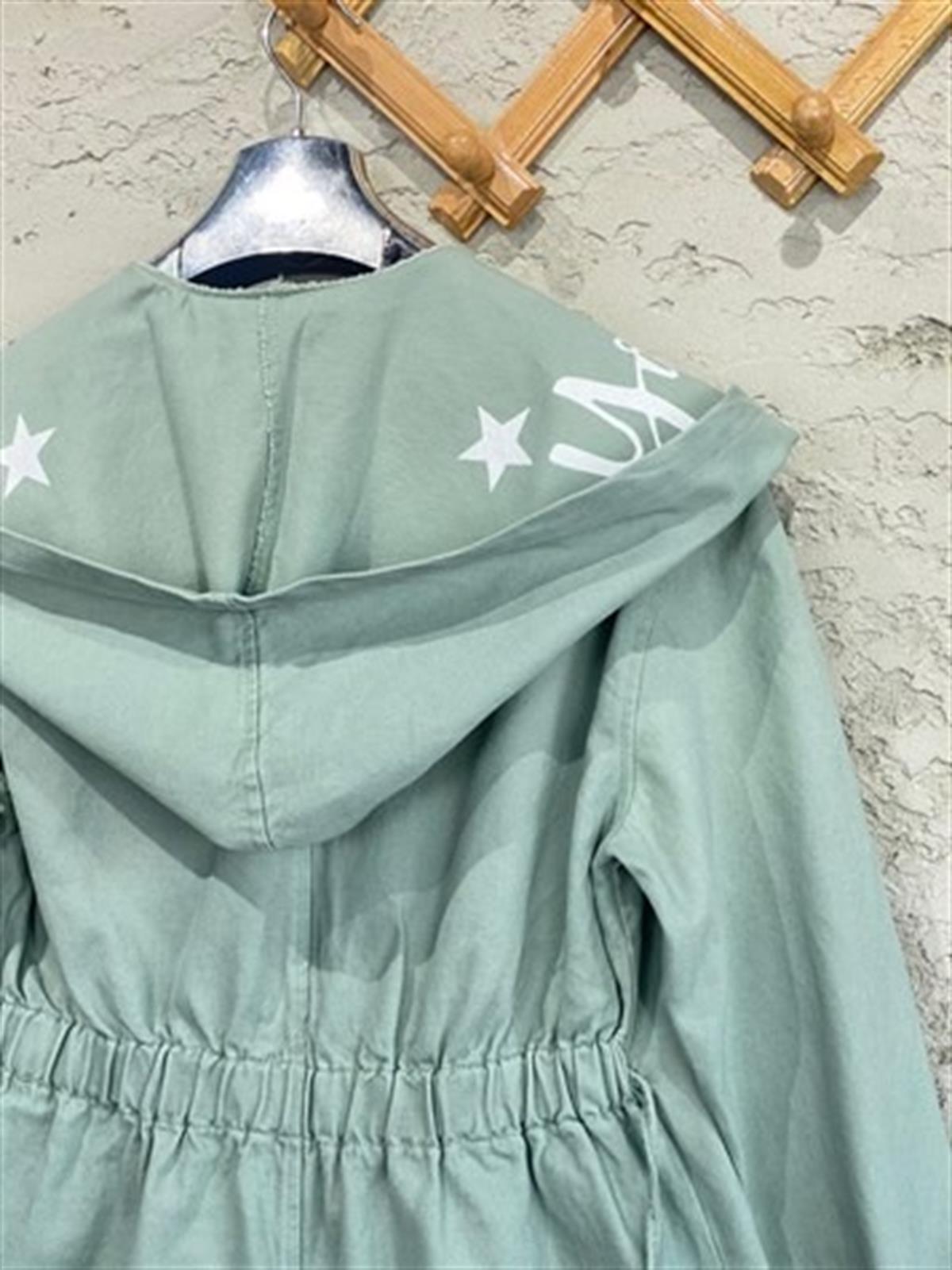 Tasarım Belden Lastikli Gabardin Dokulu Ceket (Mint)
