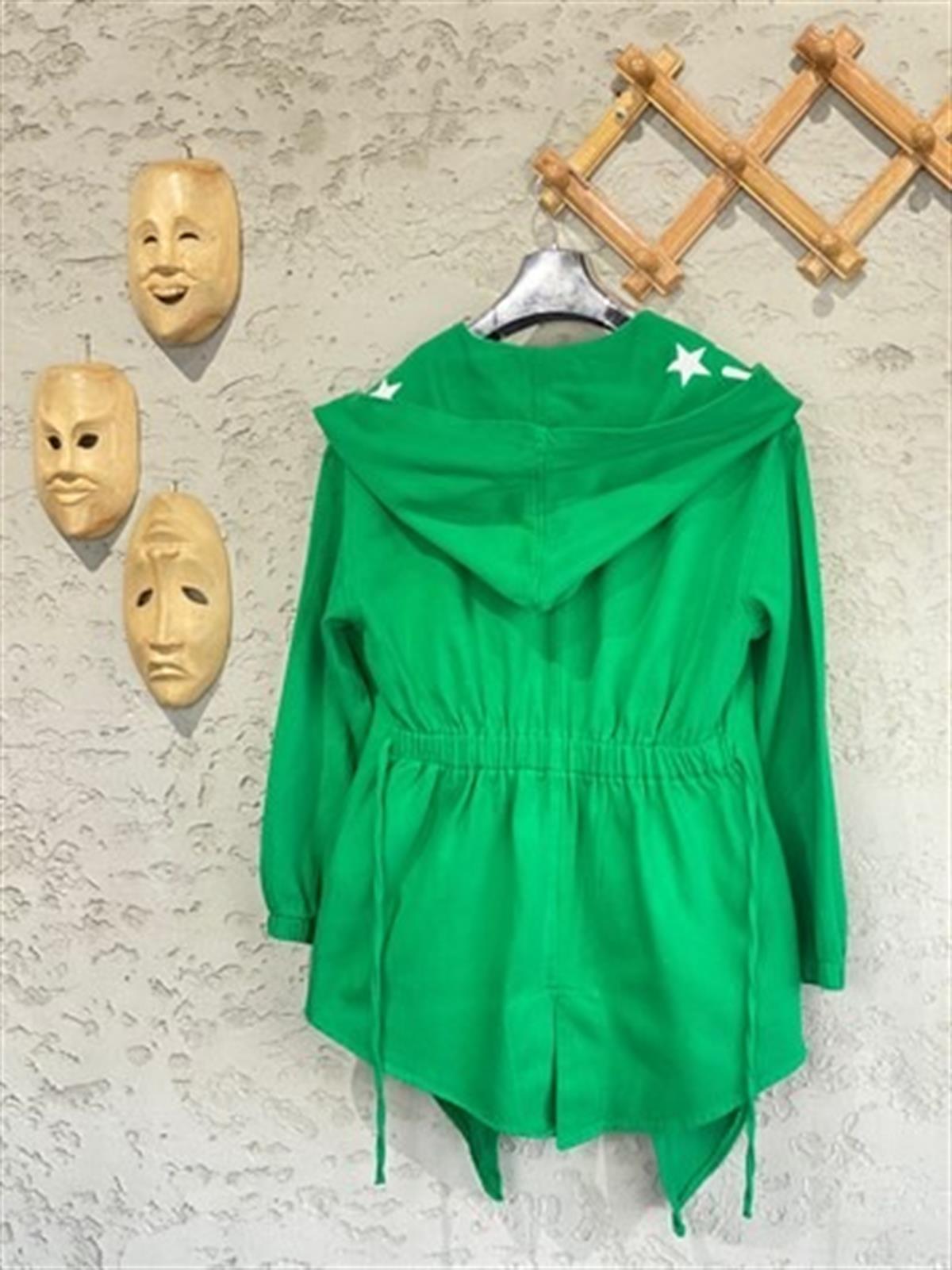 Tasarım Belden Lastikli Gabardin Dokulu Ceket (Yeşil)