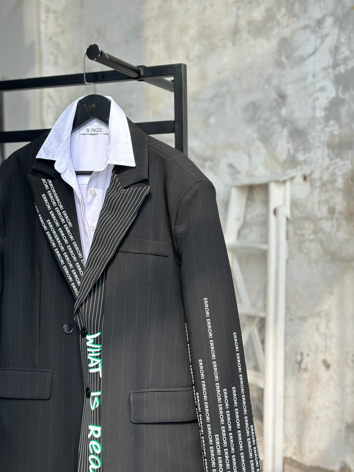 Tasarım Black Neon Yazı Baskılı Blazer Ceket (Siyah) 