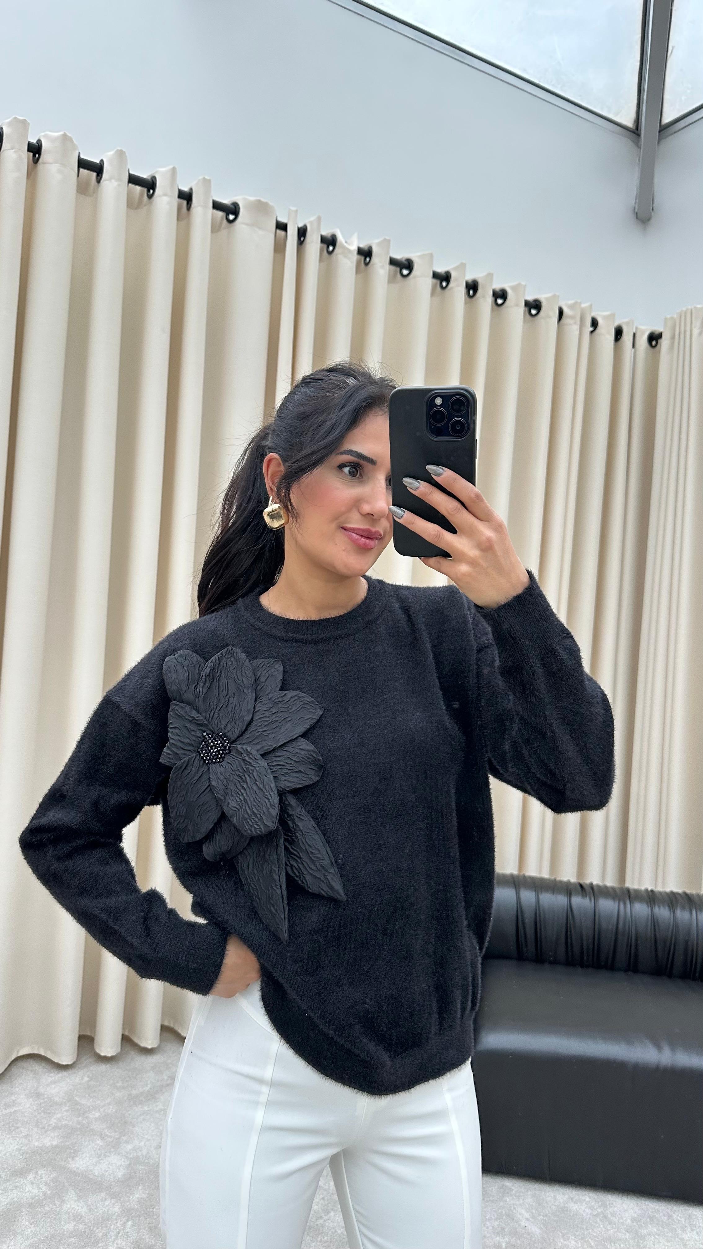 Tasarım Brokar Çiçekli Angora Kazak (Siyah)