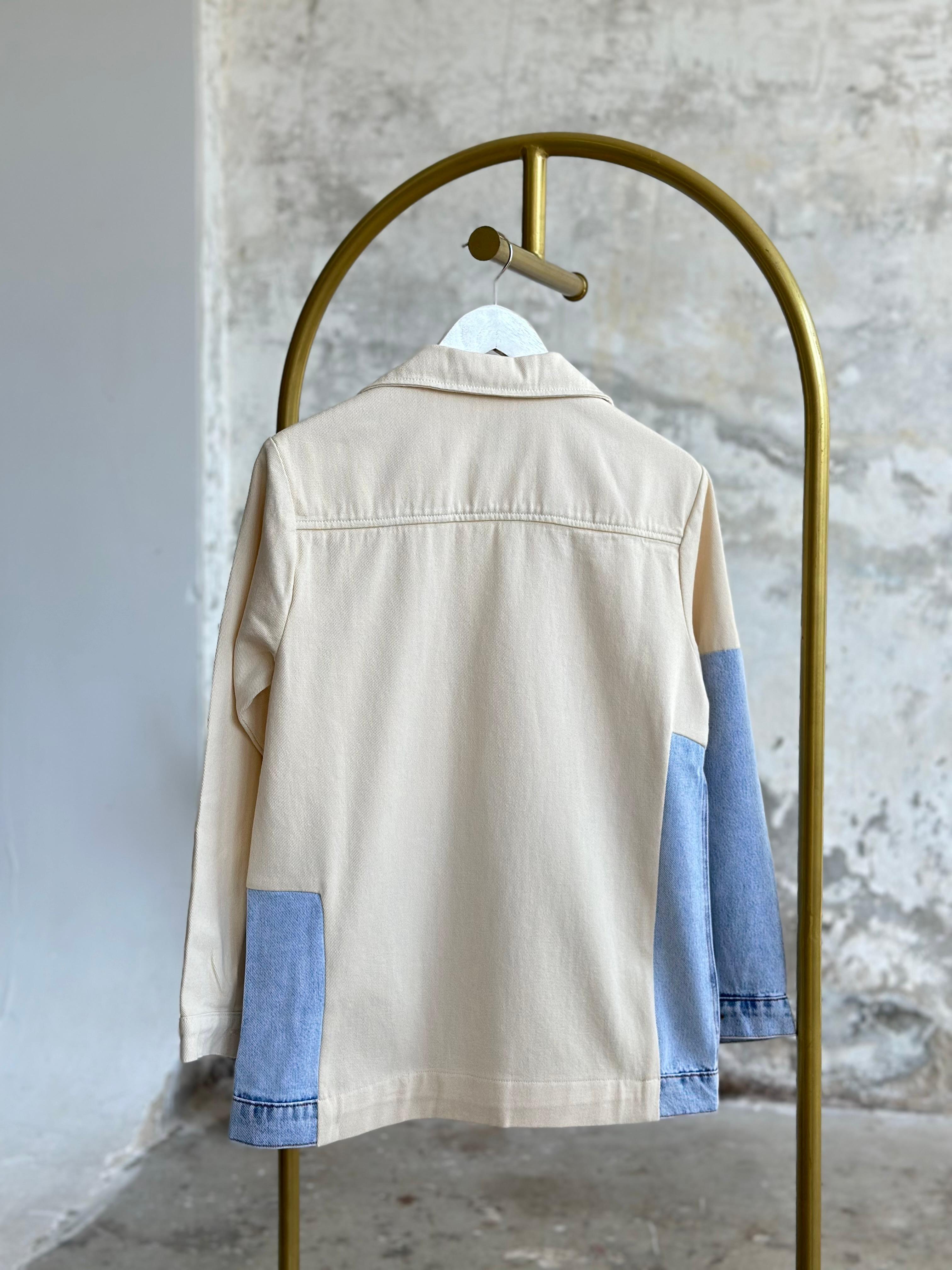 Tasarım Çift Renk Bloklu Denim Ceket (Bej)