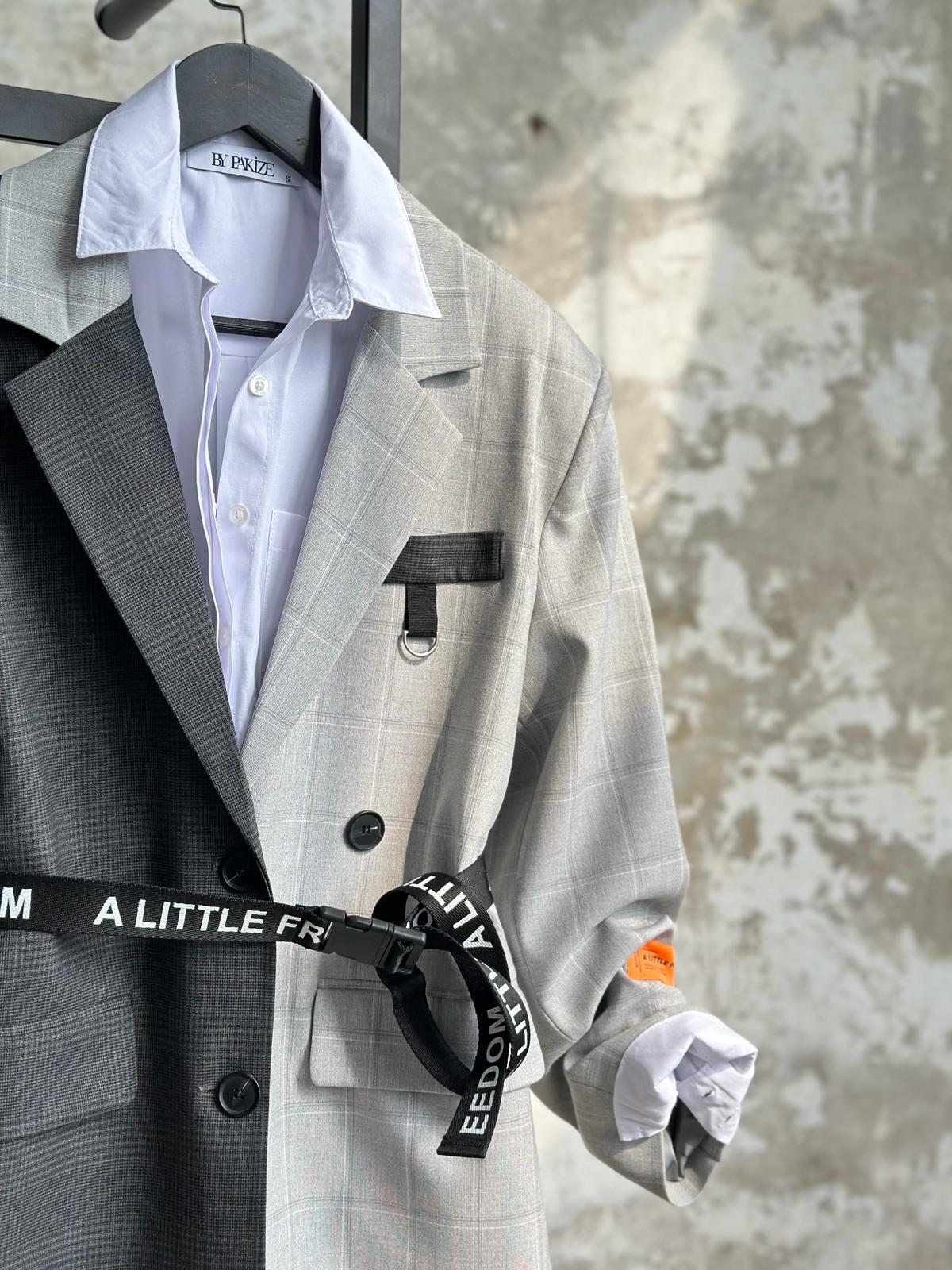 Tasarım Çift Renkli Belli Kemerli Blazer Ceket (Gri)