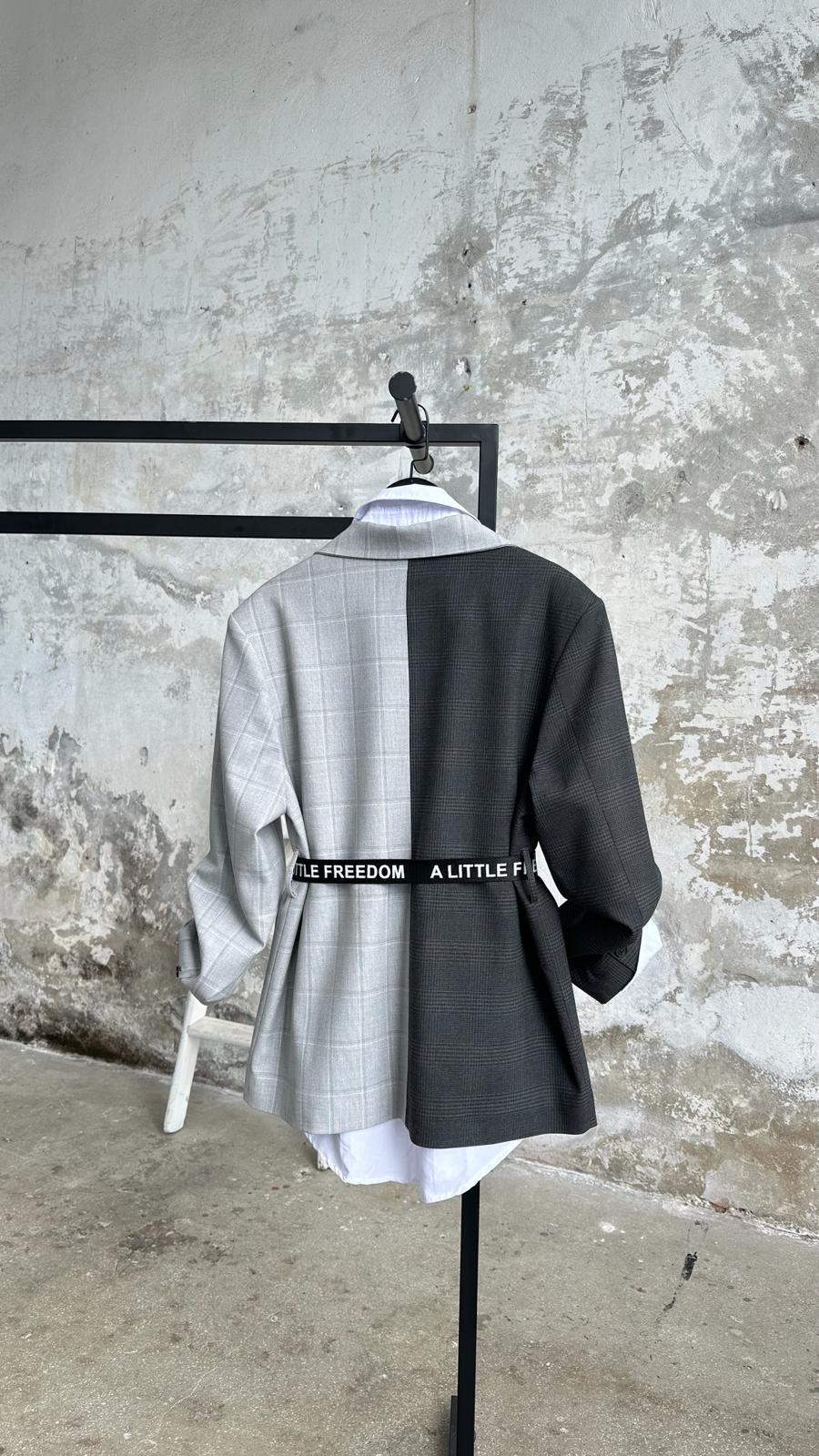 Tasarım Çift Renkli Belli Kemerli Blazer Ceket (Gri)
