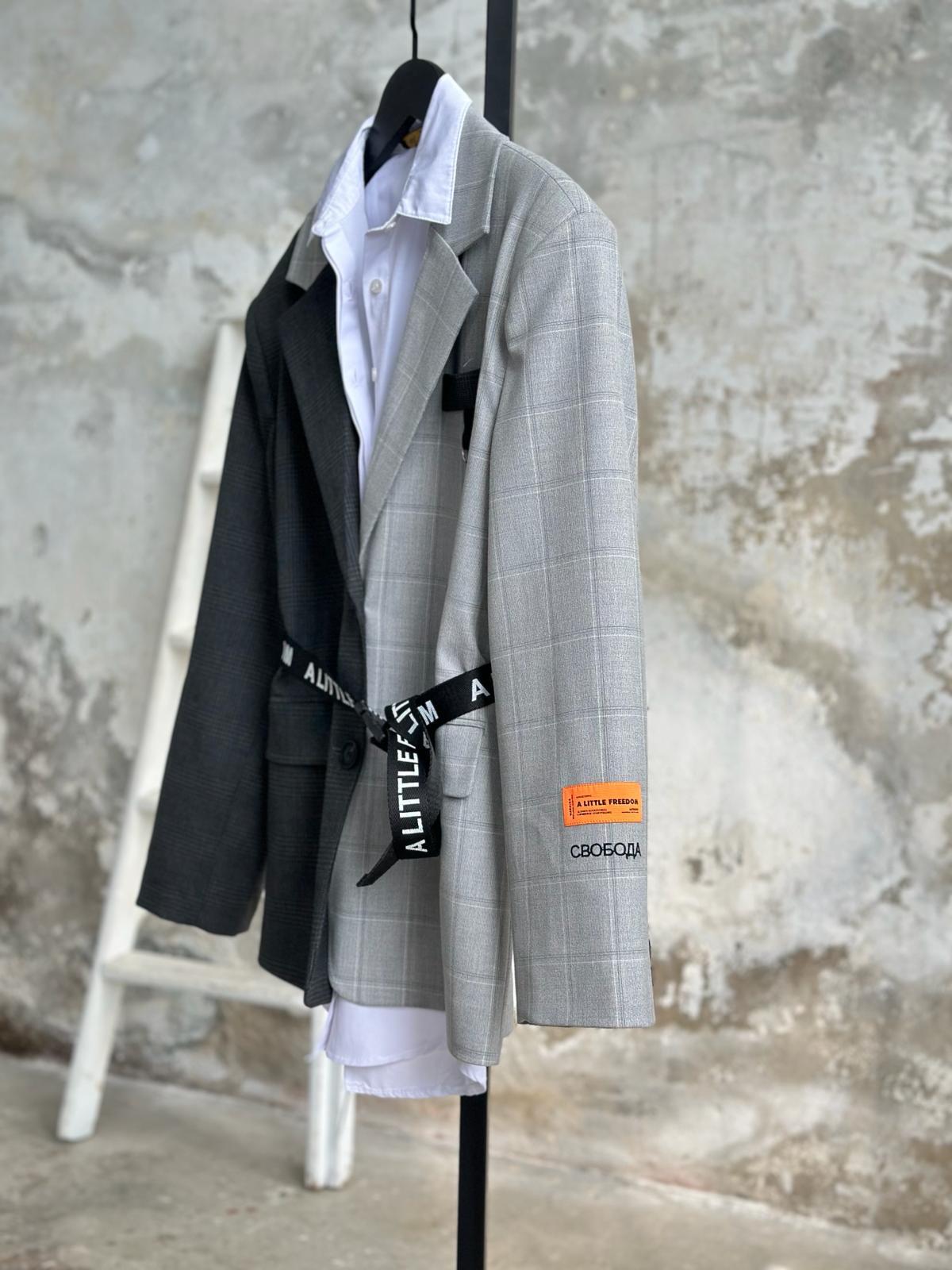 Tasarım Çift Renkli Belli Kemerli Blazer Ceket (Gri)