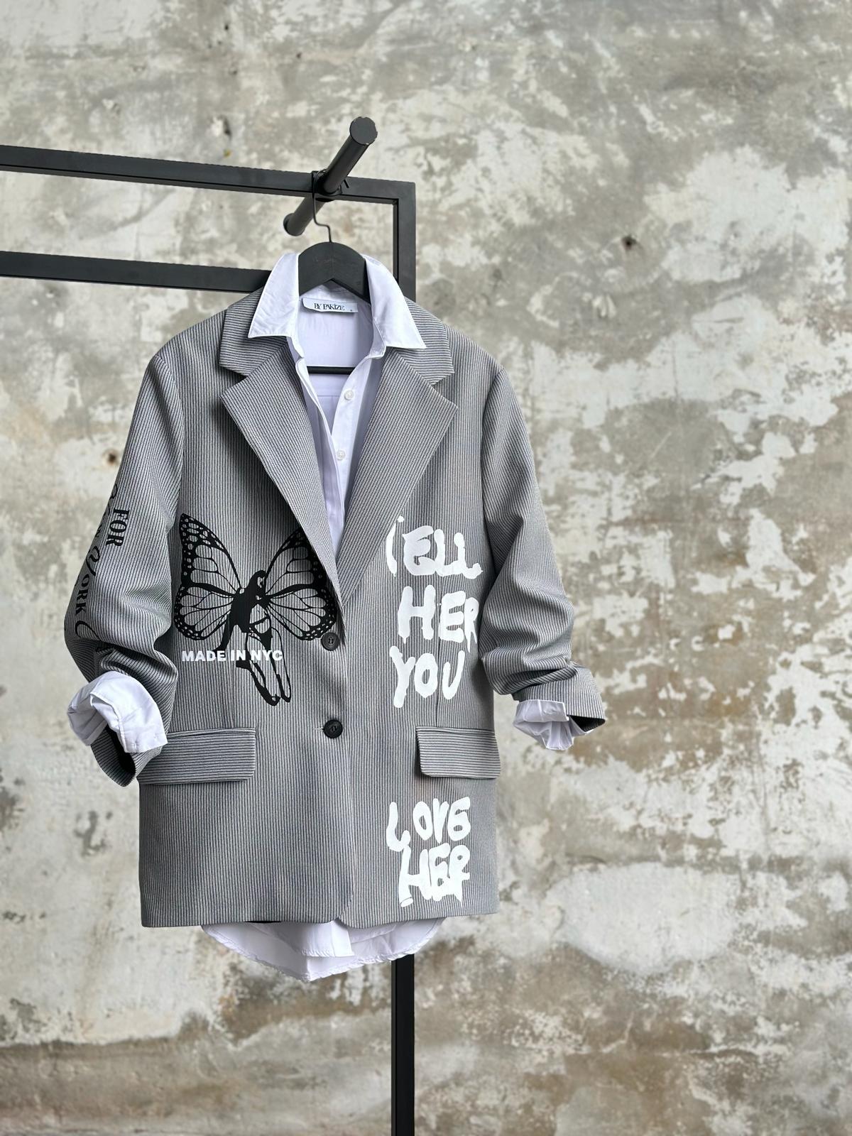 Tasarım Çizgili Kelebek Baskılı Blazer Ceket (Gri)