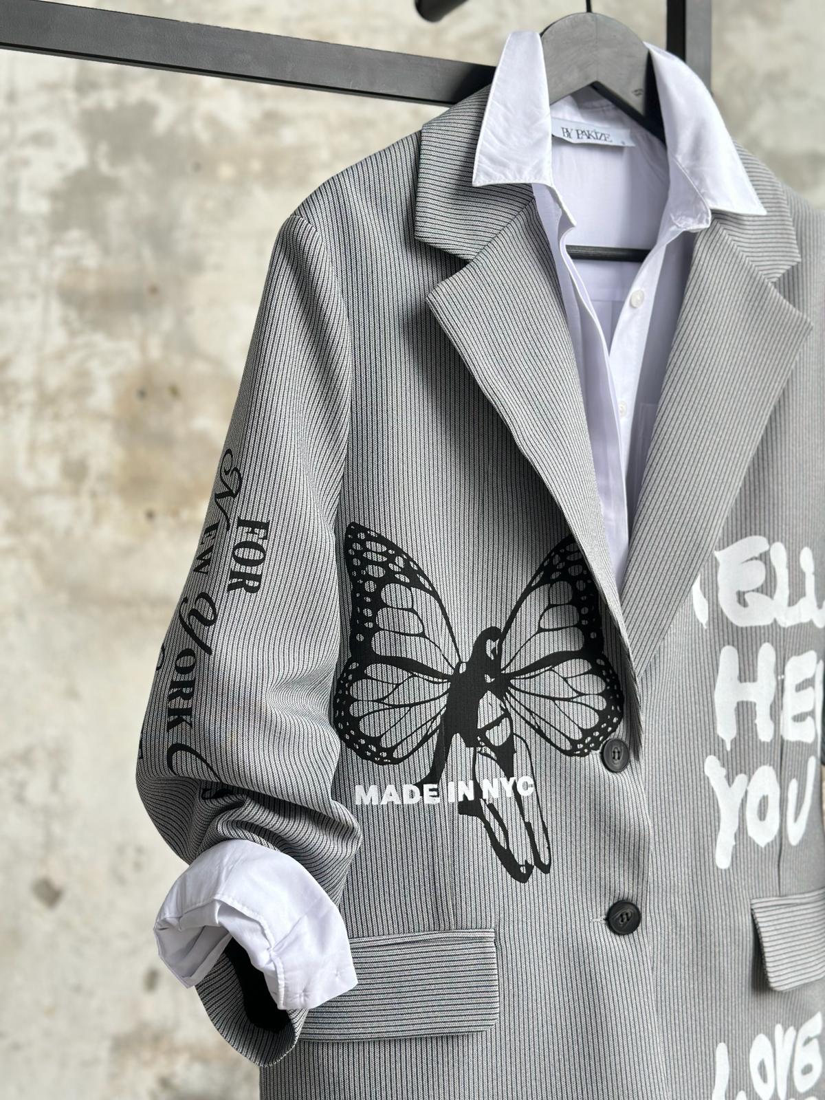 Tasarım Çizgili Kelebek Baskılı Blazer Ceket (Gri)