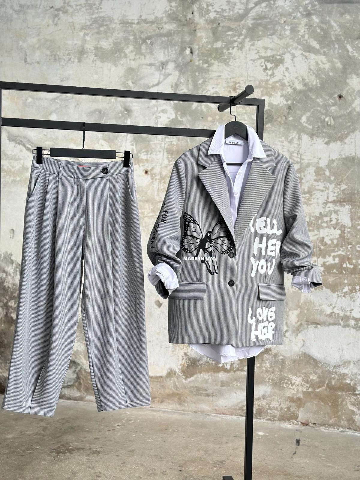 Tasarım Çizgili Kelebek Baskılı Blazer Ceket (Gri)
