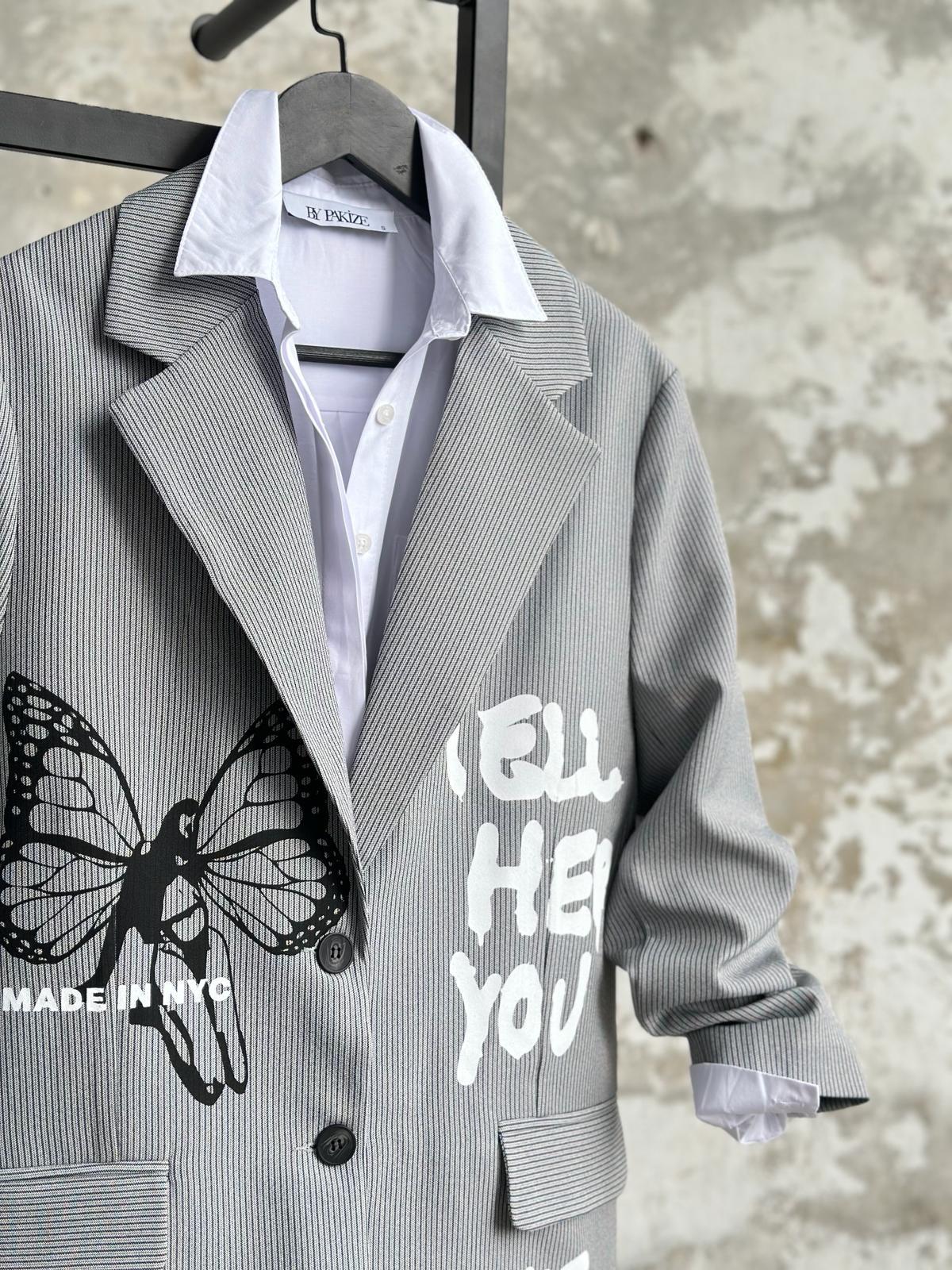 Tasarım Çizgili Kelebek Baskılı Blazer Ceket (Gri)