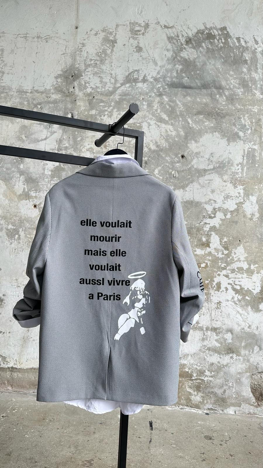 Tasarım Çizgili Kelebek Baskılı Blazer Ceket (Gri)