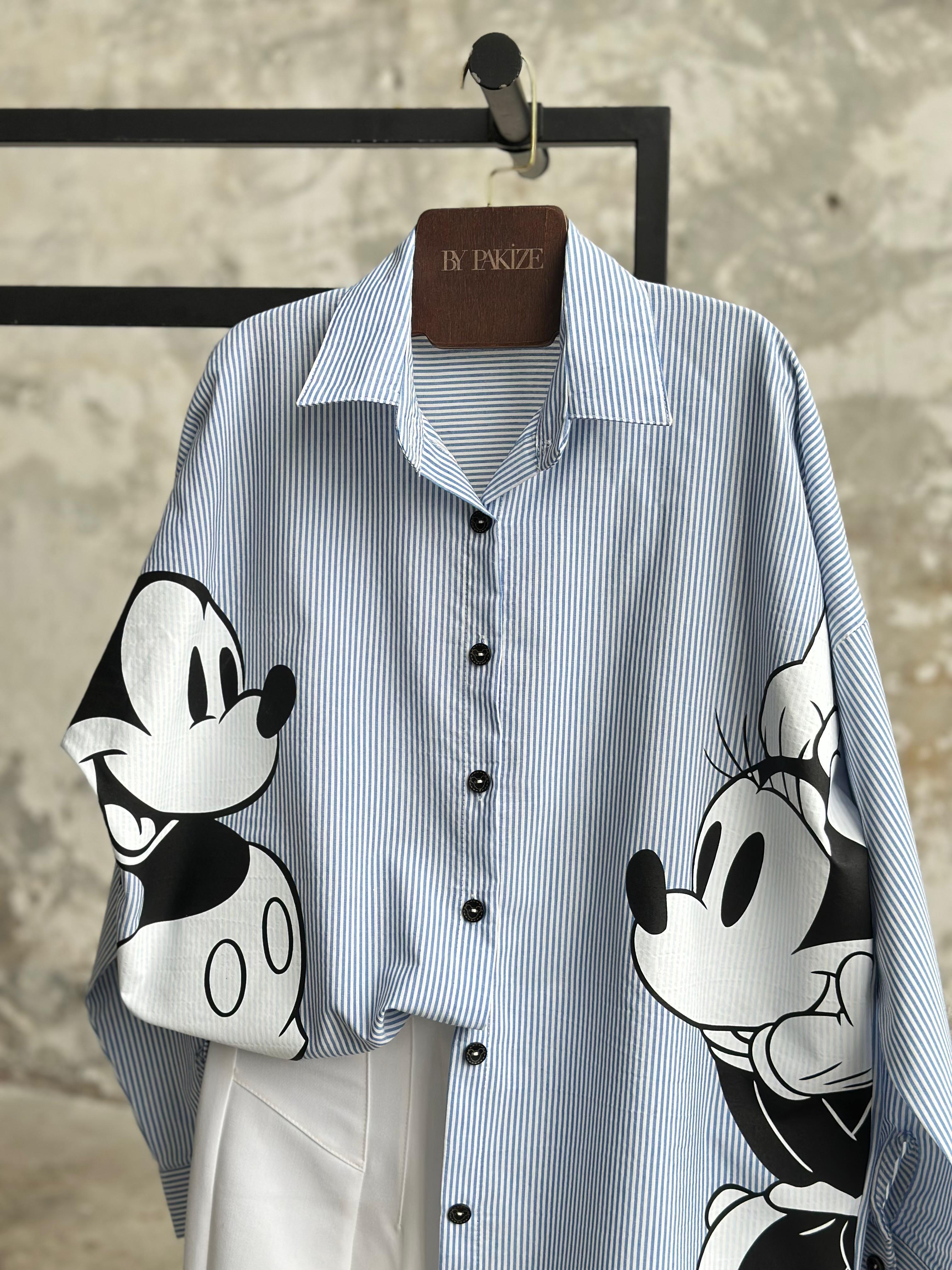 Tasarım Çizgili Mickey Mause Baskılı Boyfriend Gömlek (Bebe Mavisi)