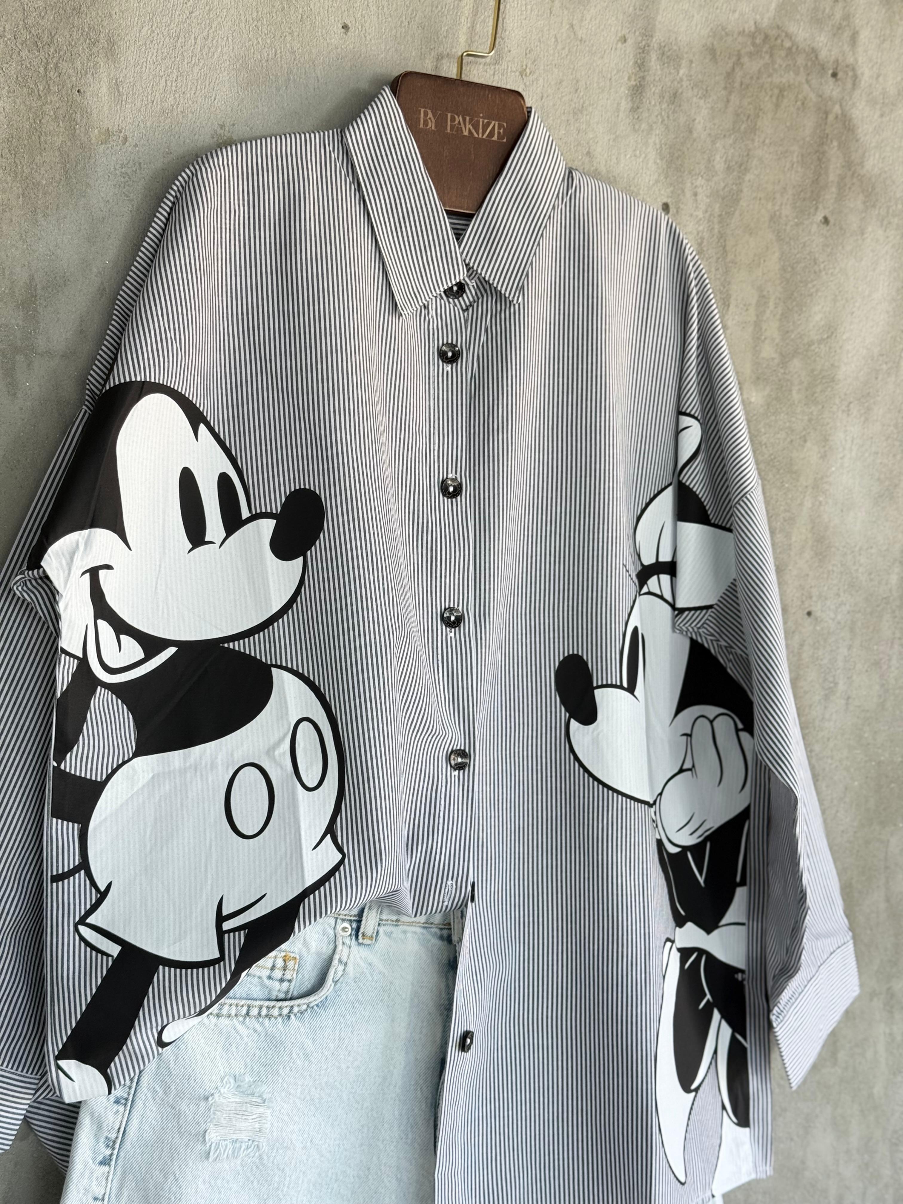 Tasarım Çizgili Mickey Mause Baskılı Boyfriend Gömlek (Siyah)