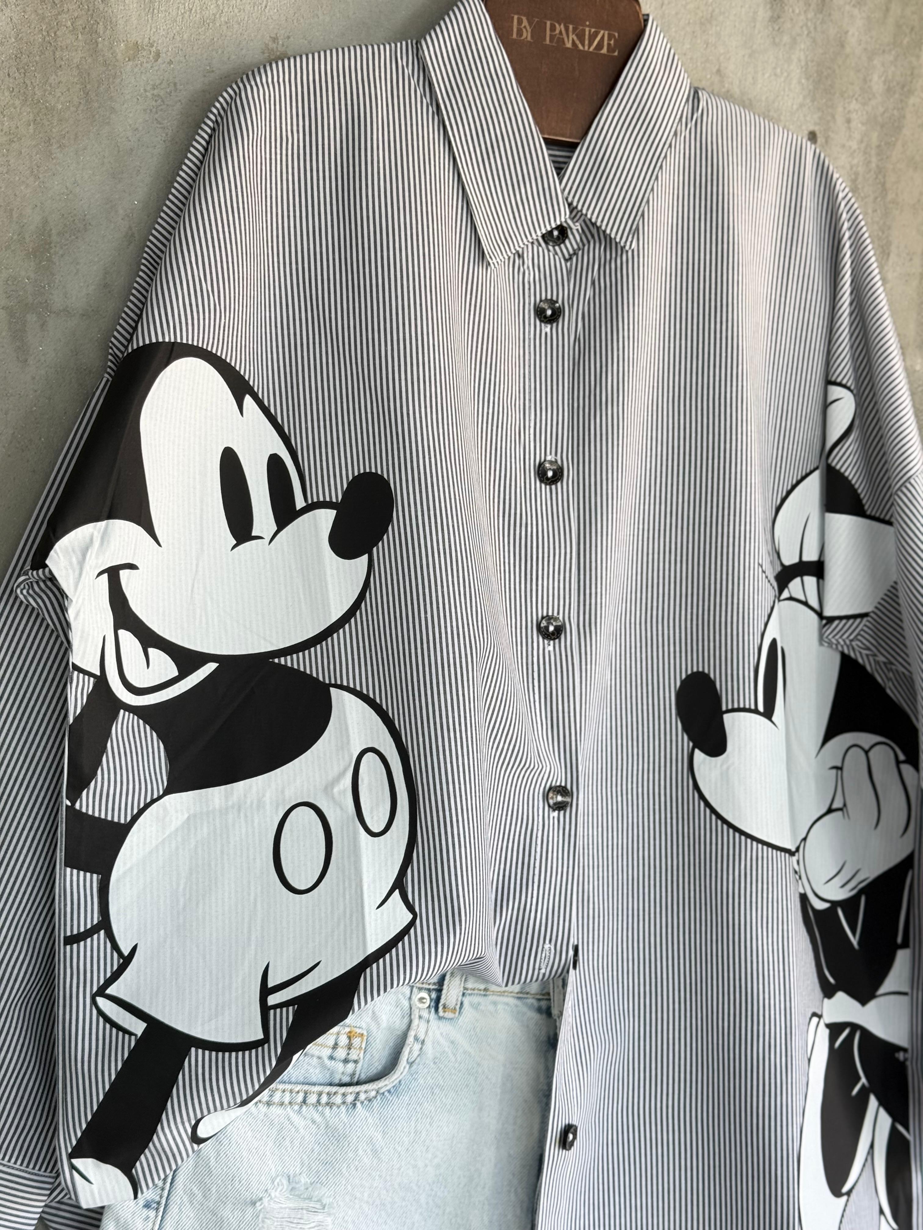 Tasarım Çizgili Mickey Mause Baskılı Boyfriend Gömlek (Siyah)