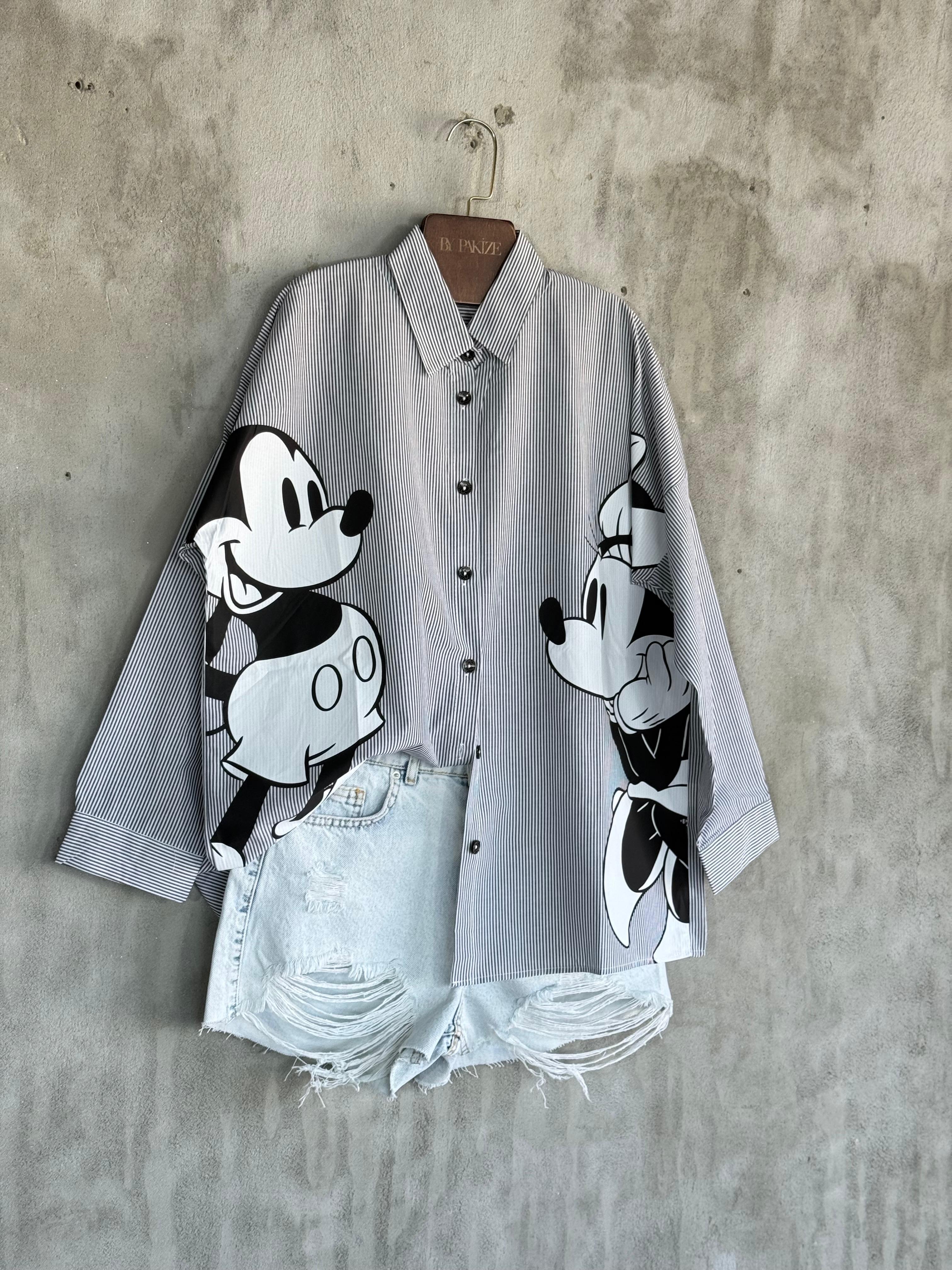 Tasarım Çizgili Mickey Mause Baskılı Boyfriend Gömlek (Siyah)