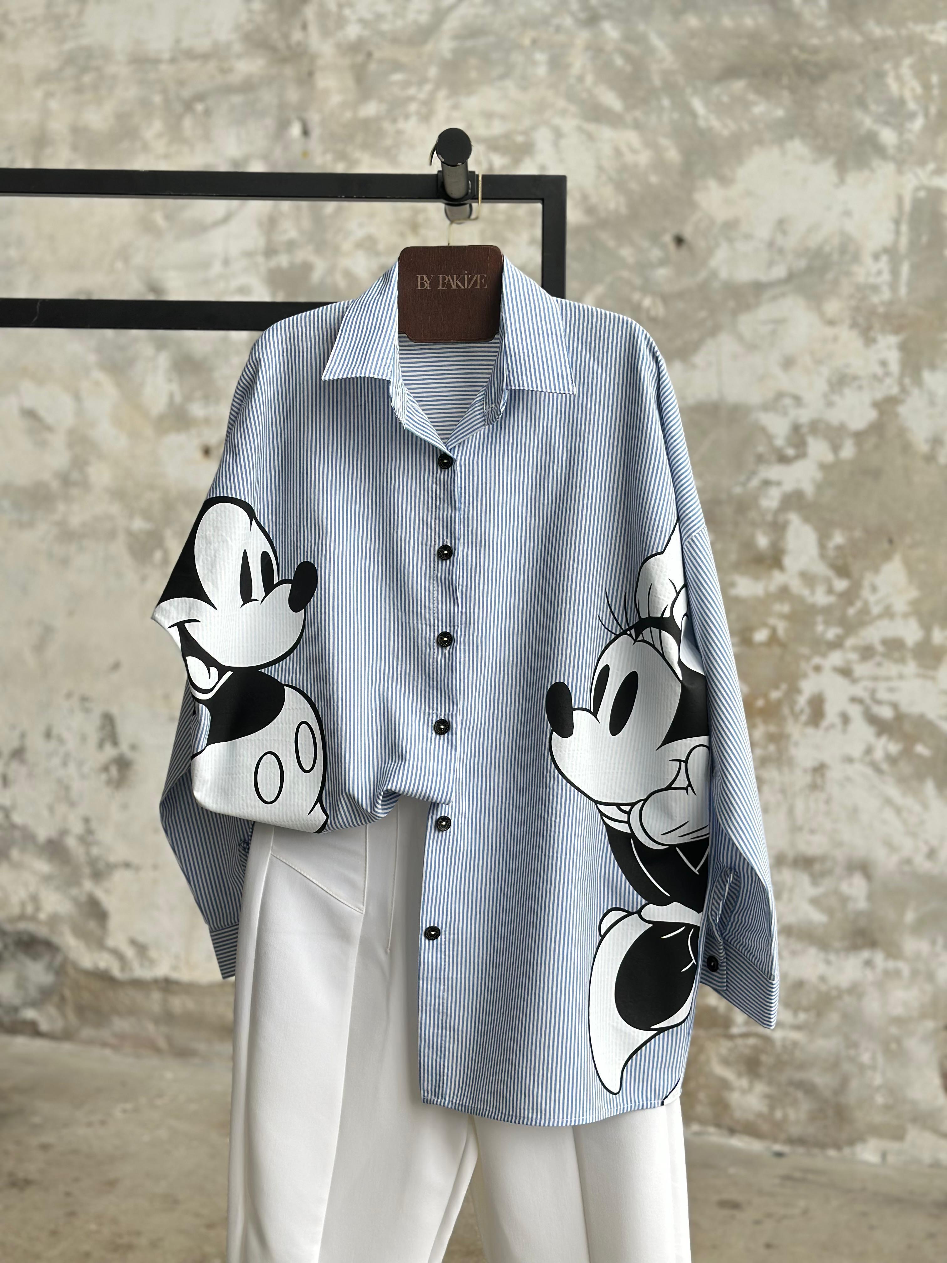 Tasarım Çizgili Mickey Mause Baskılı Boyfriend Gömlek (Bebe Mavisi)