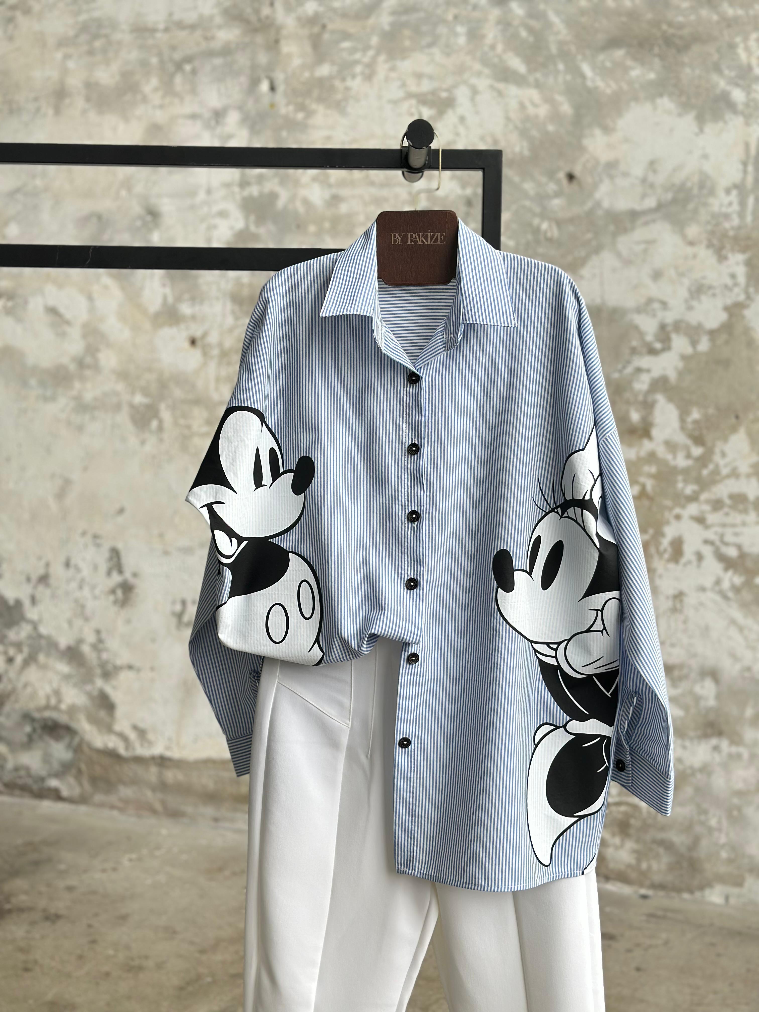 Tasarım Çizgili Mickey Mause Baskılı Boyfriend Gömlek (Bebe Mavisi)