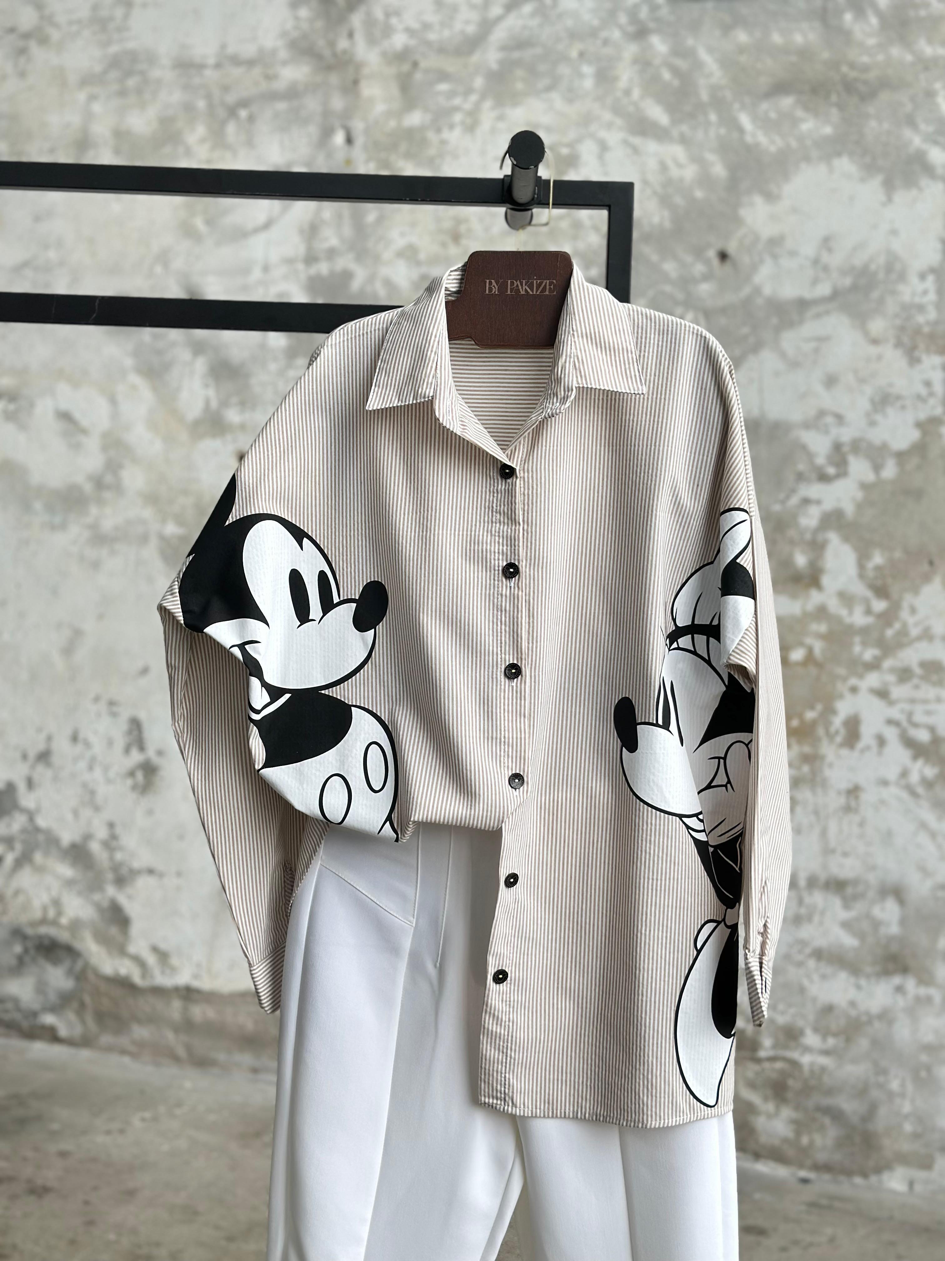 Tasarım Çizgili Mickey Mause Baskılı Boyfriend Gömlek (Bej)