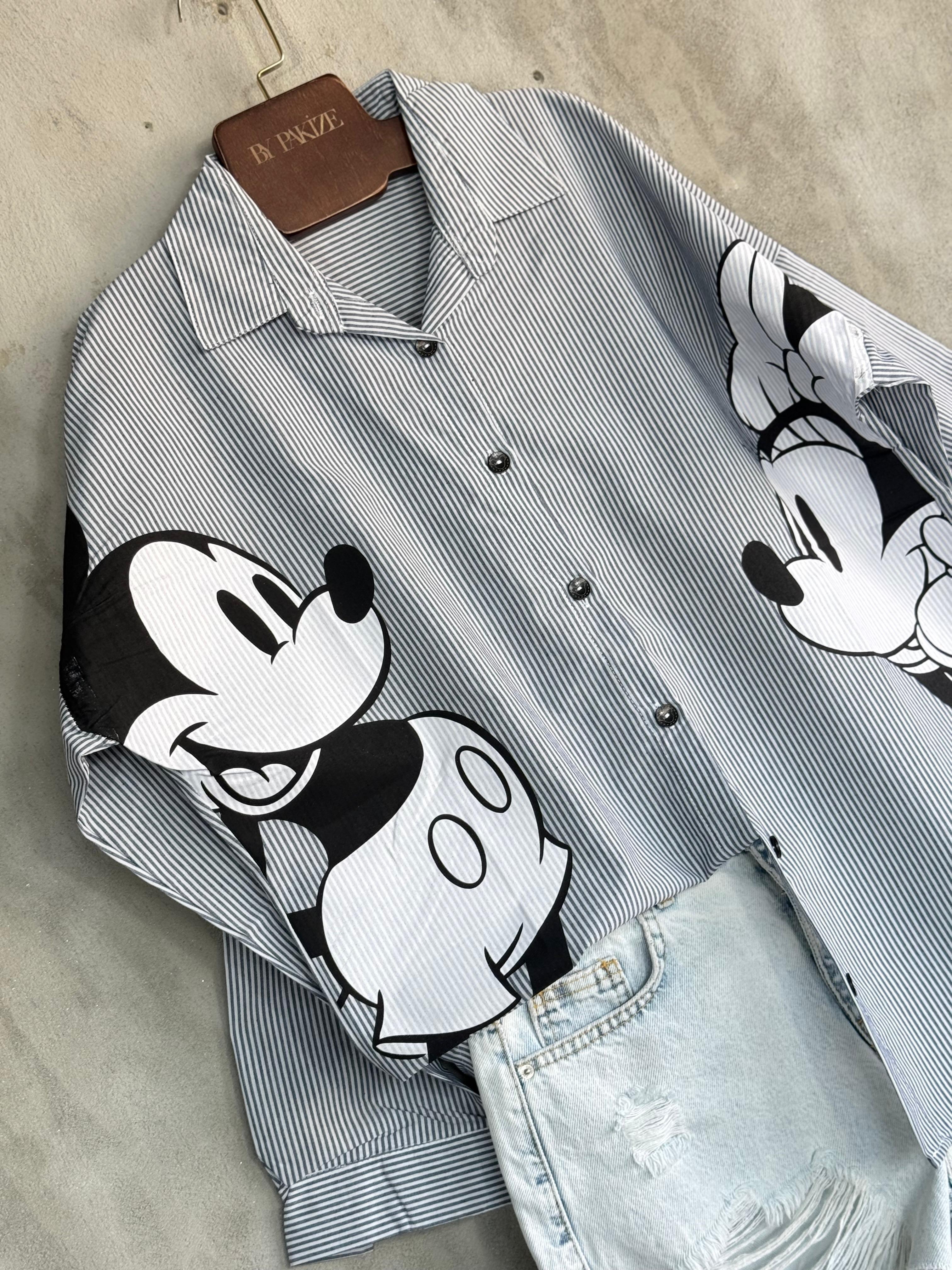 Tasarım Çizgili Mickey Mause Baskılı Boyfriend Gömlek (Antrasit)