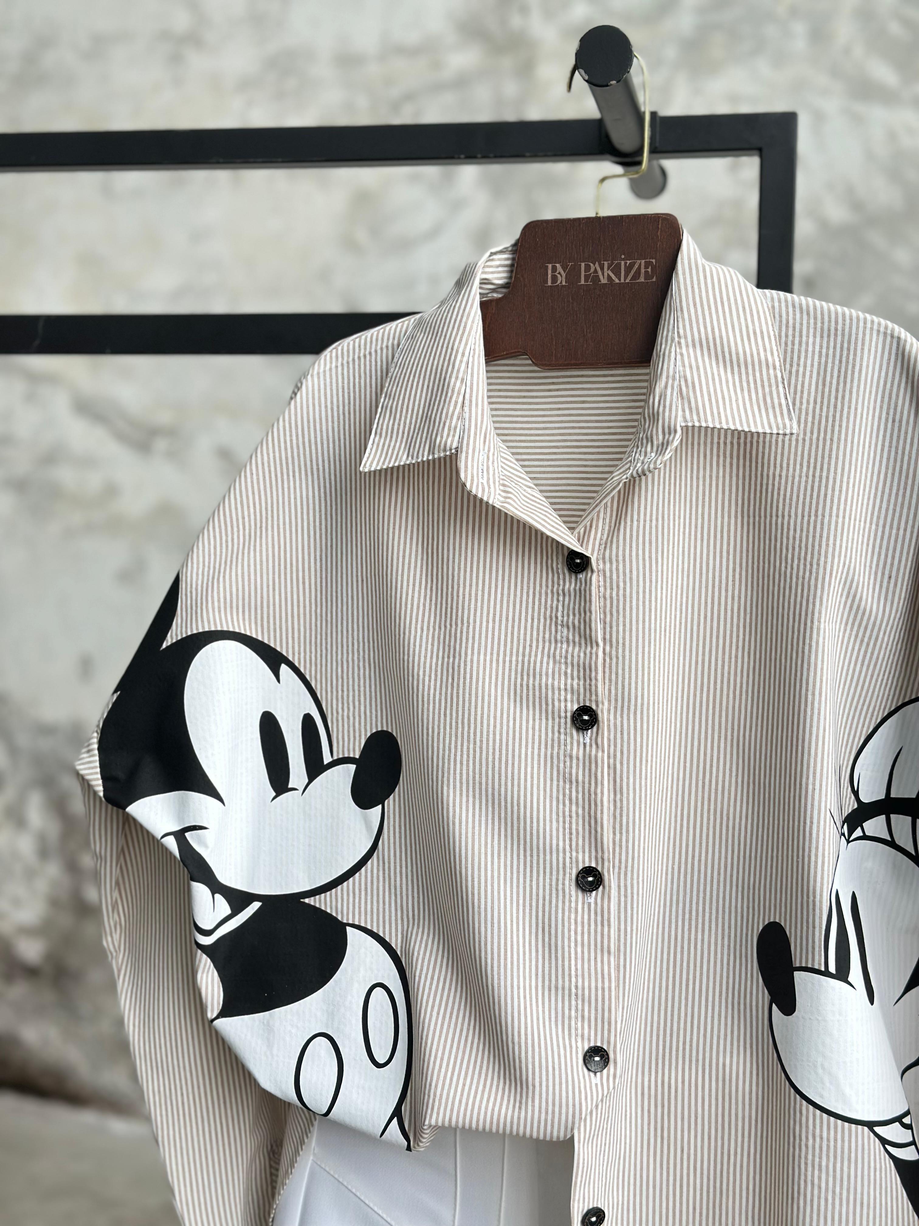 Tasarım Çizgili Mickey Mause Baskılı Boyfriend Gömlek (Bej)