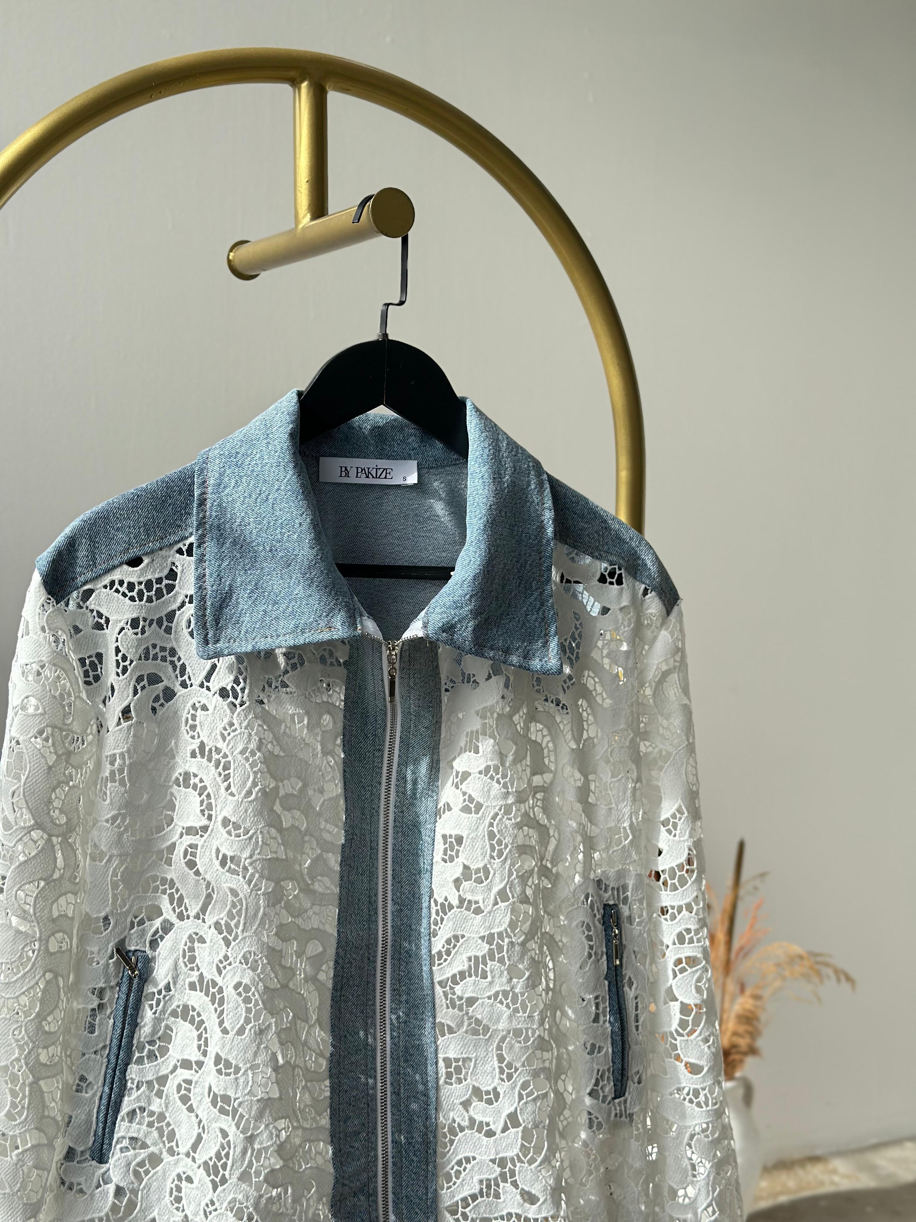 Tasarım Denim Detaylı Dantel Ceket (Beyaz)