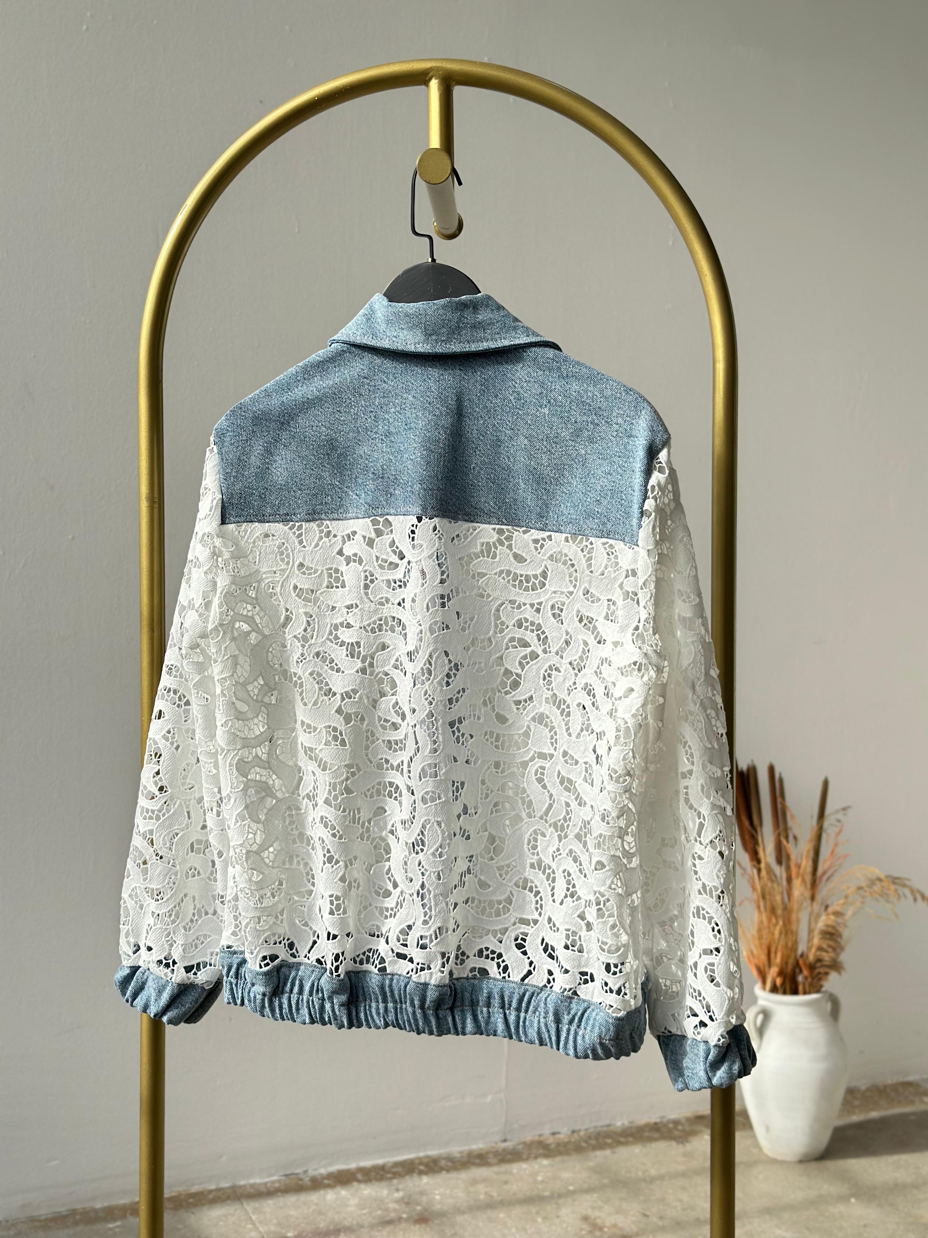 Tasarım Denim Detaylı Dantel Ceket (Beyaz)