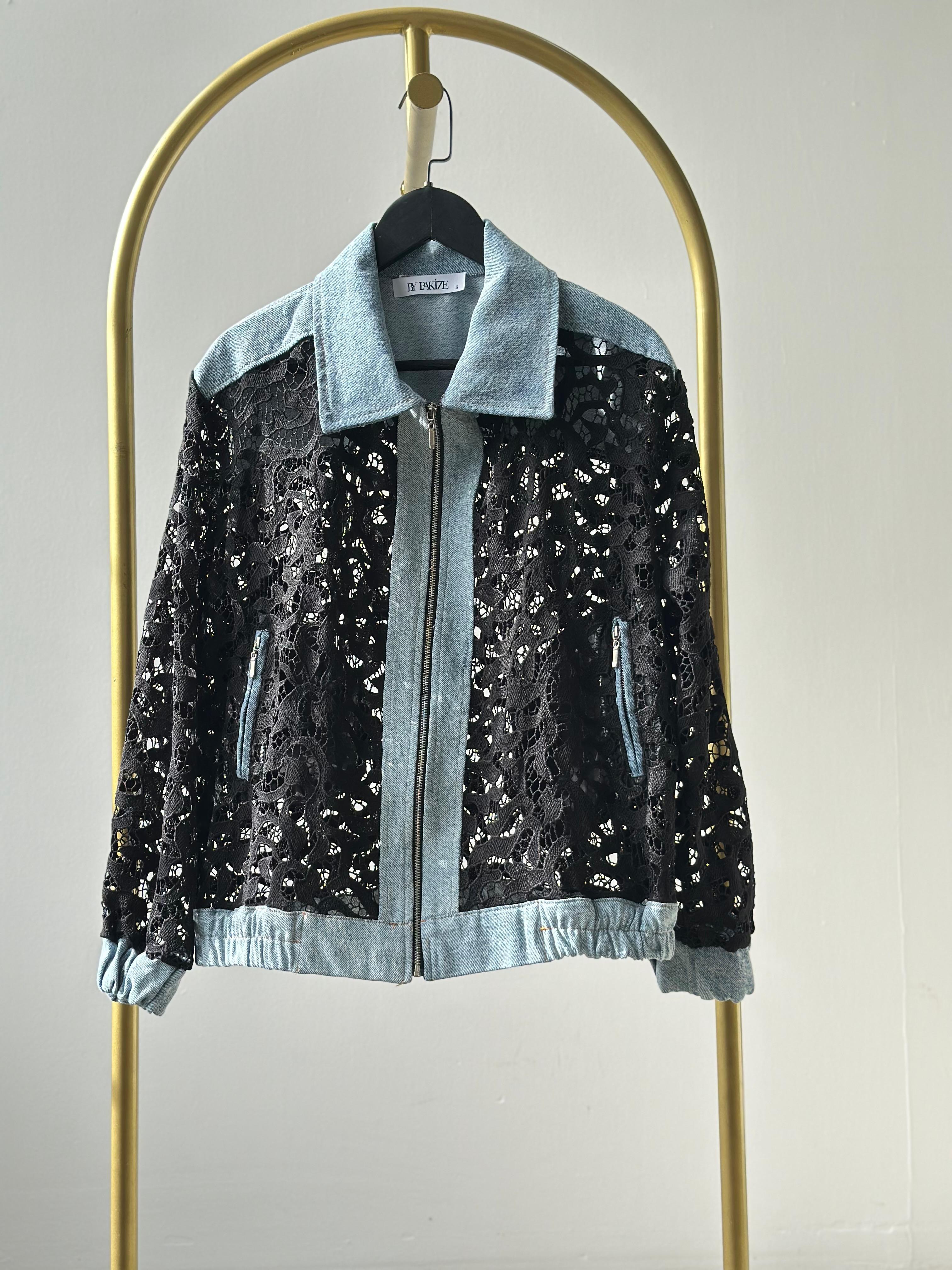 Tasarım Denim Detaylı Dantel Ceket (Siyah)