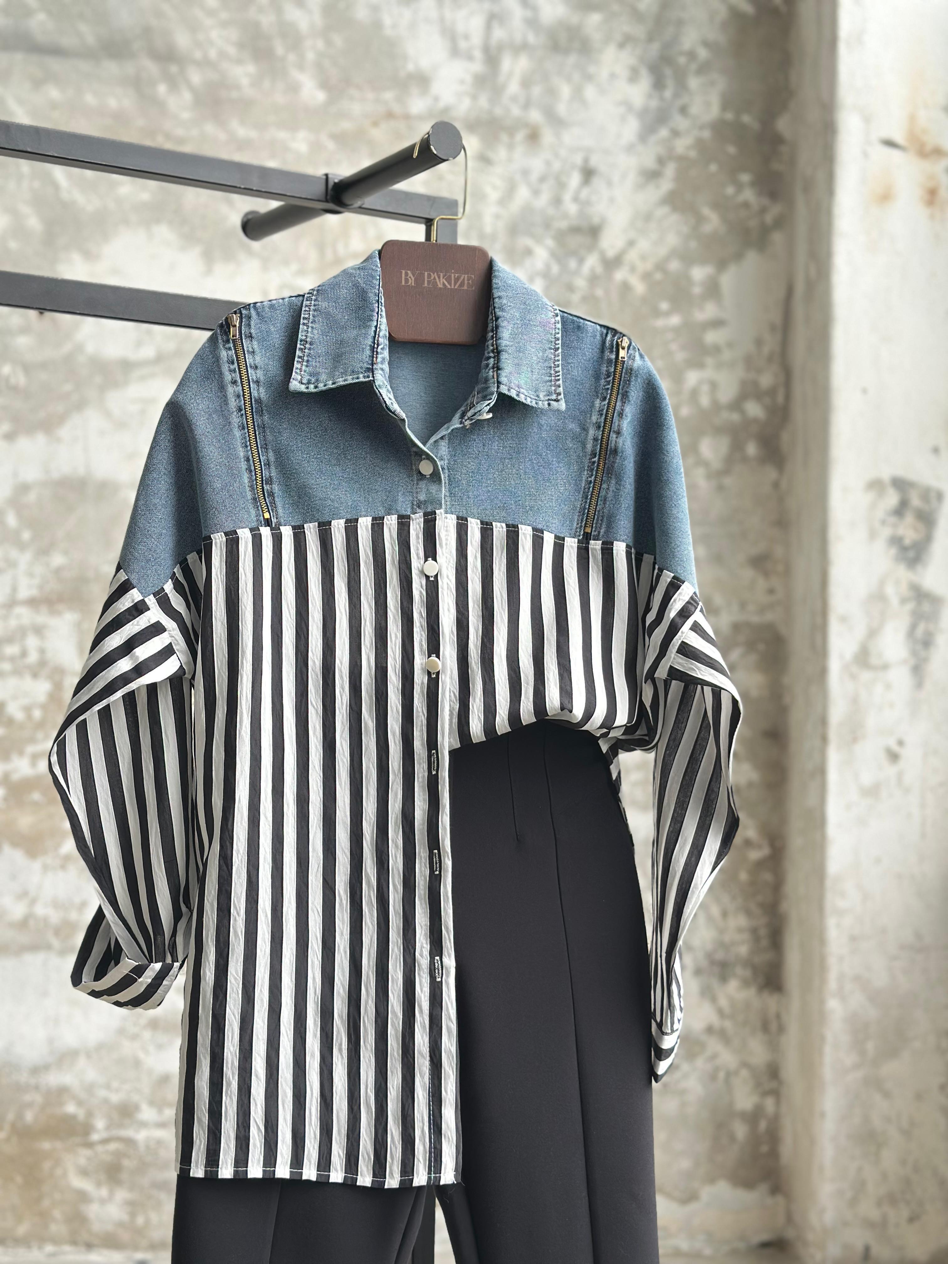 Tasarım Denim Kot Fermuar Detaylı Çizgili Gömlek (Siyah)