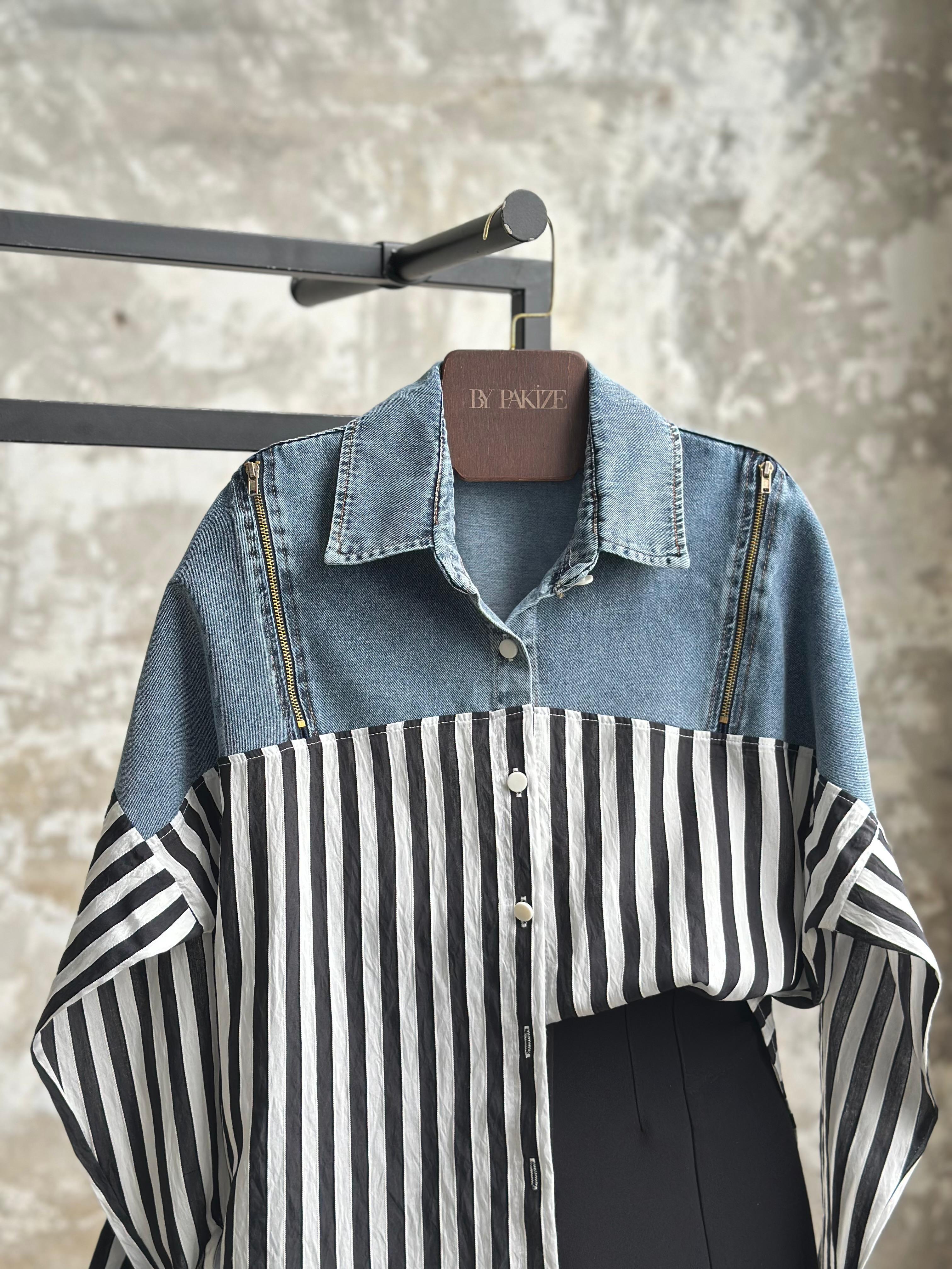 Tasarım Denim Kot Fermuar Detaylı Çizgili Gömlek (Siyah)