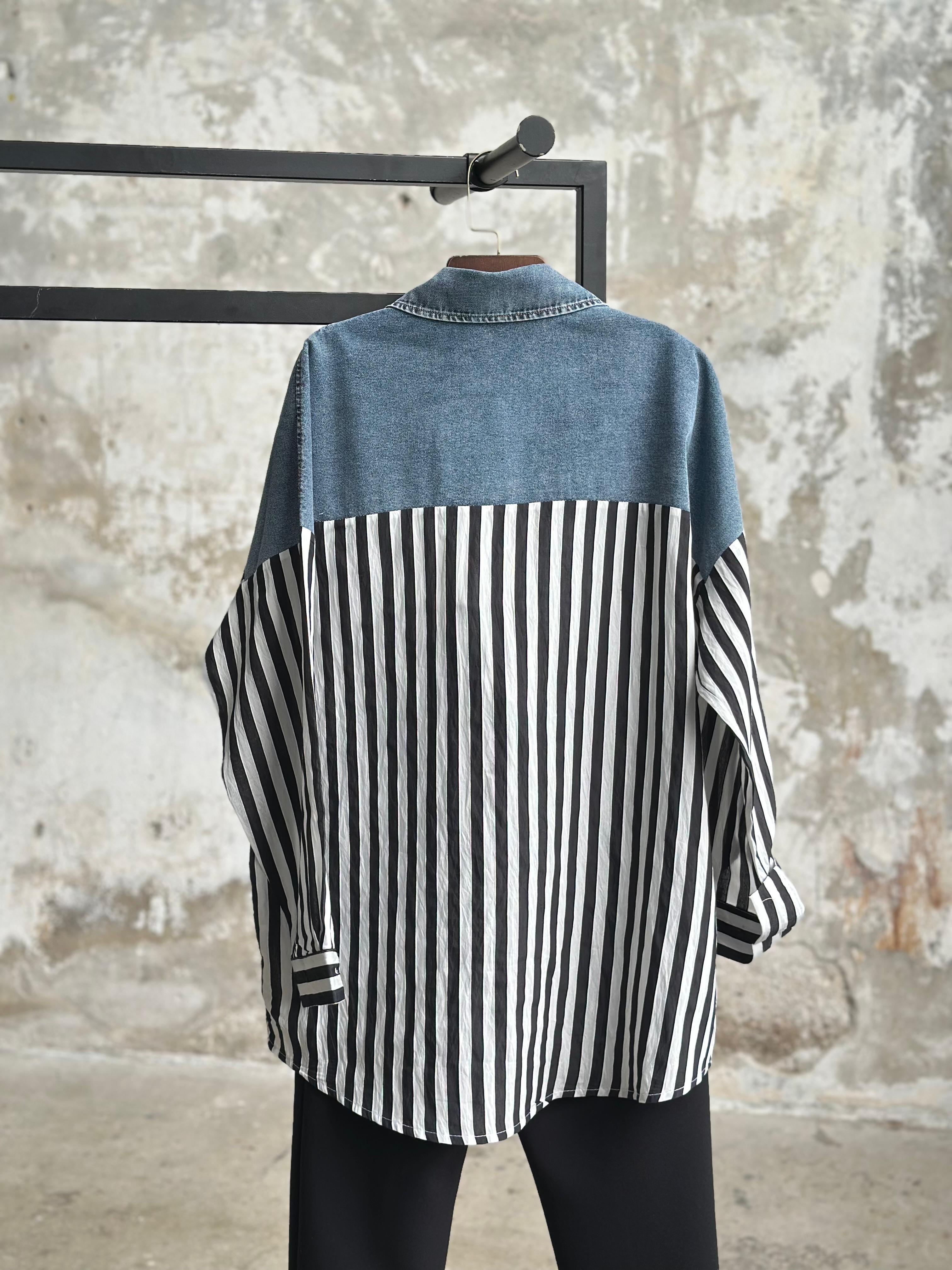 Tasarım Denim Kot Fermuar Detaylı Çizgili Gömlek (Siyah)