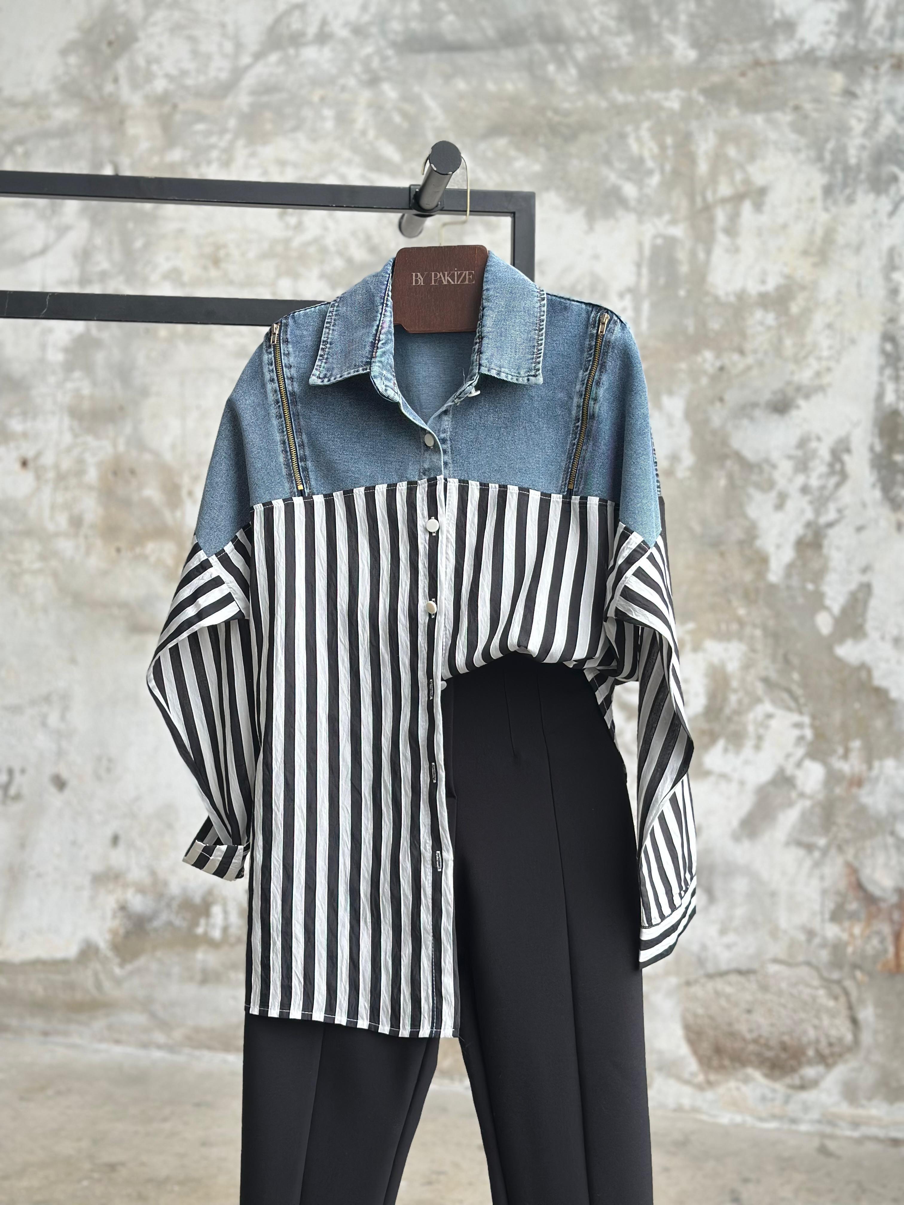 Tasarım Denim Kot Fermuar Detaylı Çizgili Gömlek (Siyah)