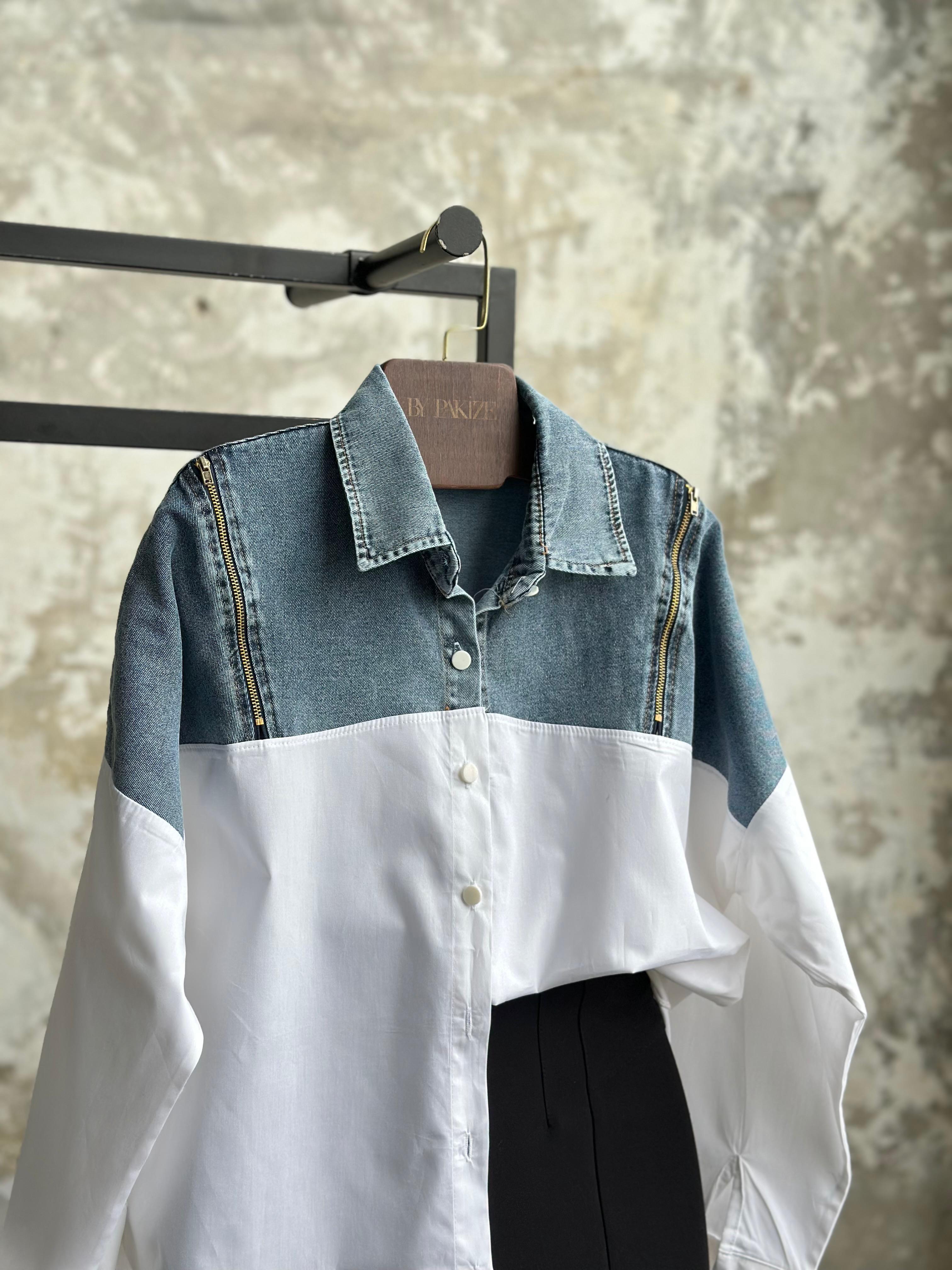 Tasarım Denim Kot Fermuar Detaylı Gömlek (Beyaz)