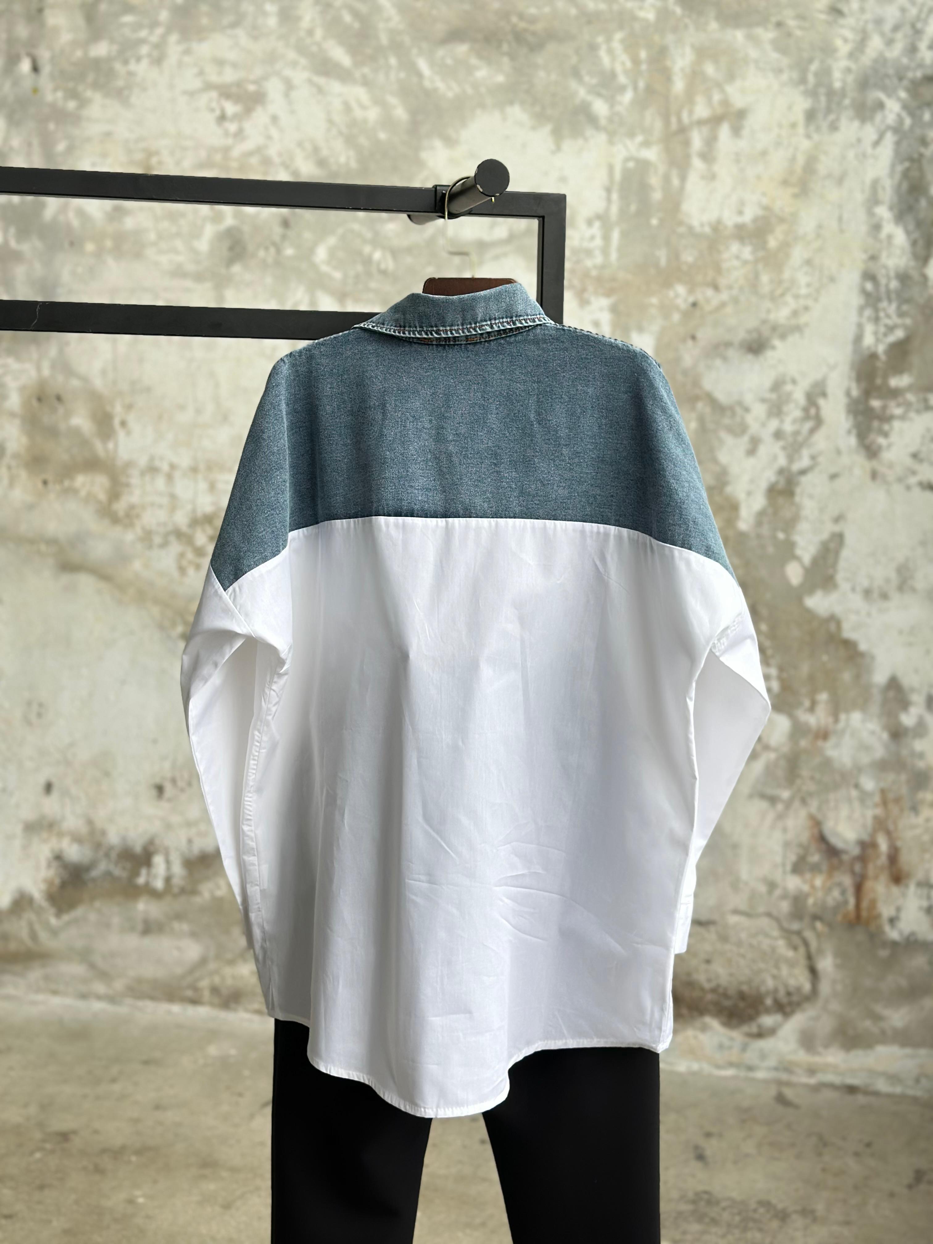Tasarım Denim Kot Fermuar Detaylı Gömlek (Beyaz)