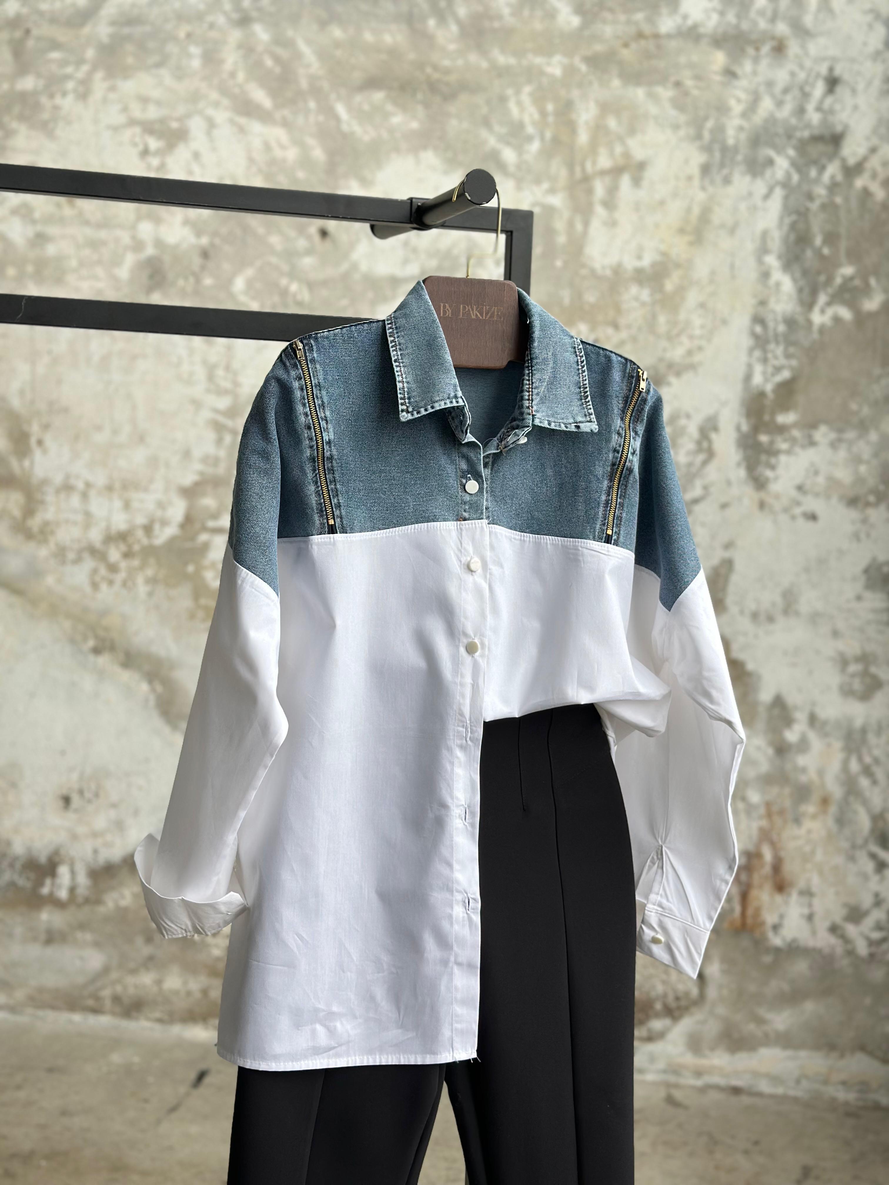 Tasarım Denim Kot Fermuar Detaylı Gömlek (Beyaz)