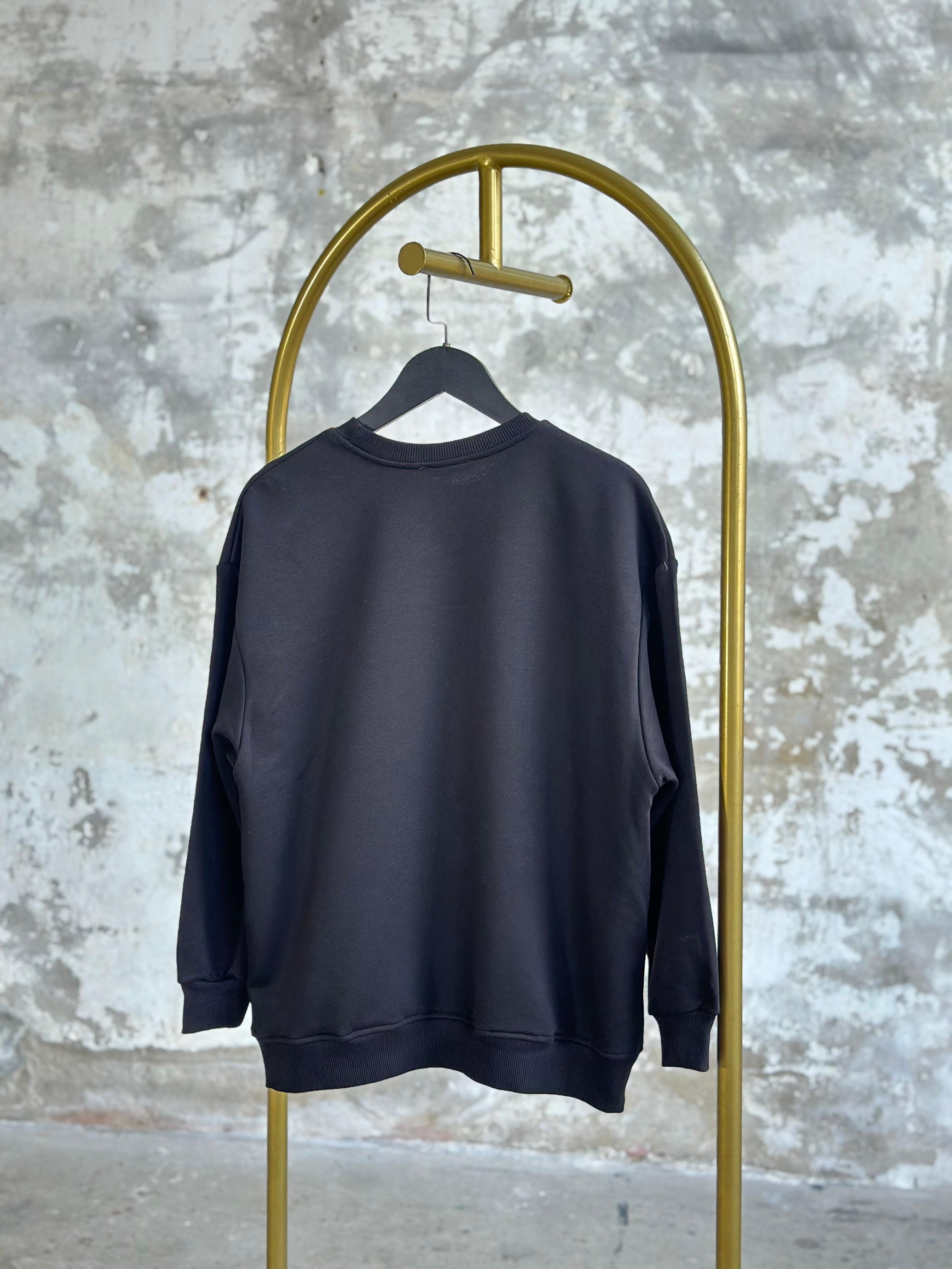 Tasarım Denim Kot Ve Leopar Geçişli Sweat  (Siyah)