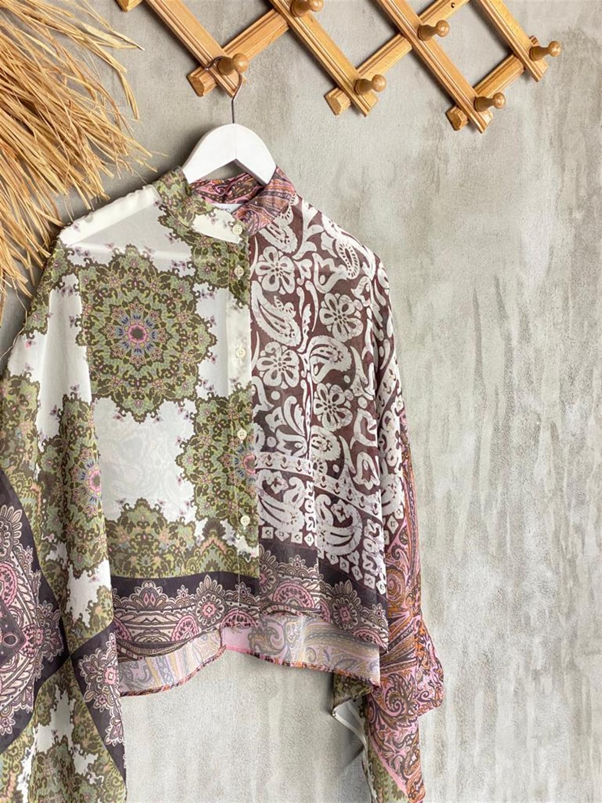 Tasarım Etnik Desen Yarasa Kol Şifon Gömlek (Karışık Renk)
