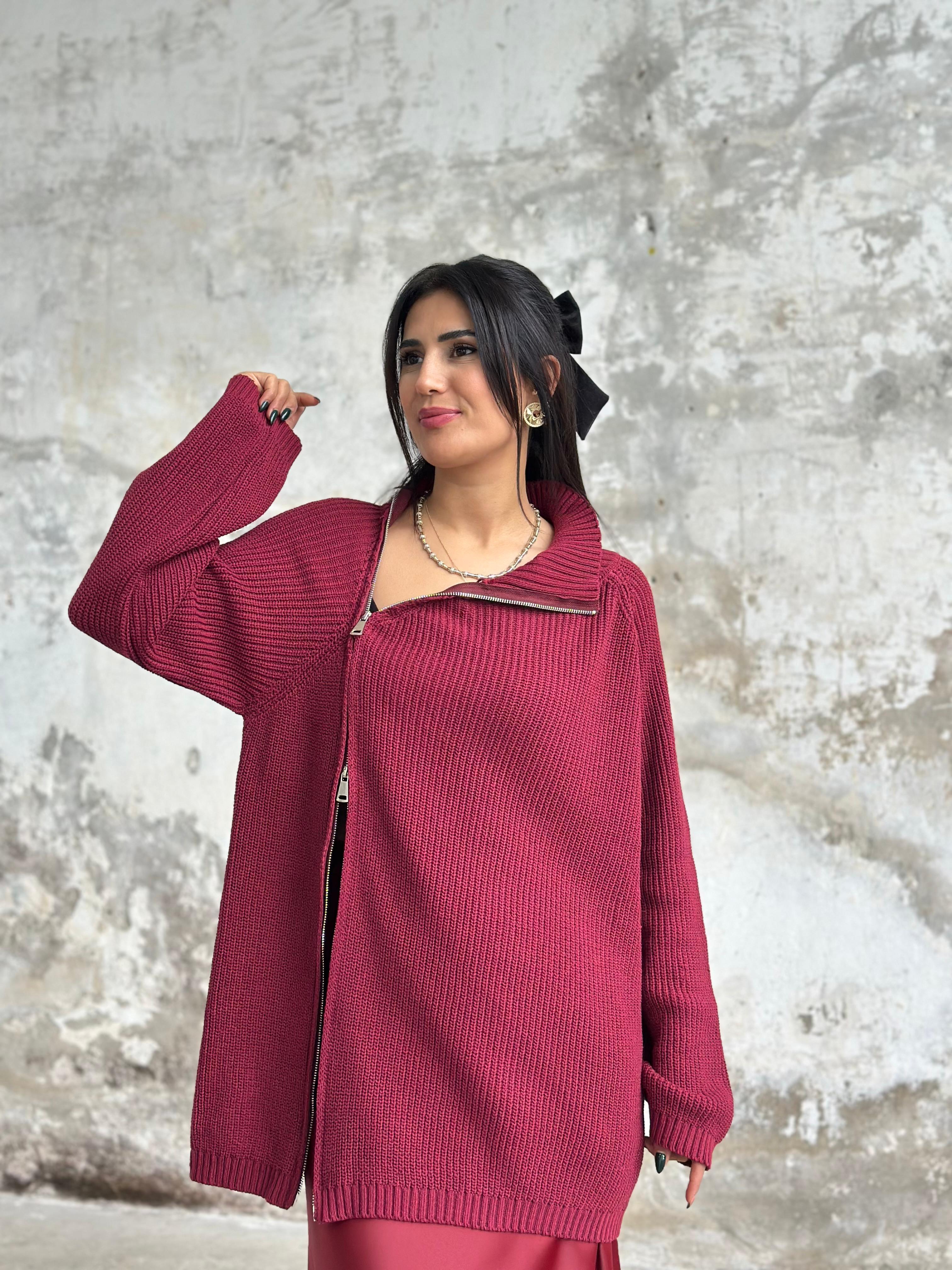 Tasarım Fermuar Detaylı Çelik Triko Kazak (Bordo)