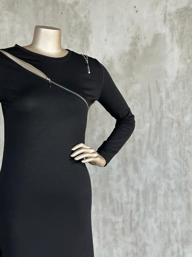 Tasarım Fermuar Detaylı Maxi Boy Kadın Elbise (Siyah)
