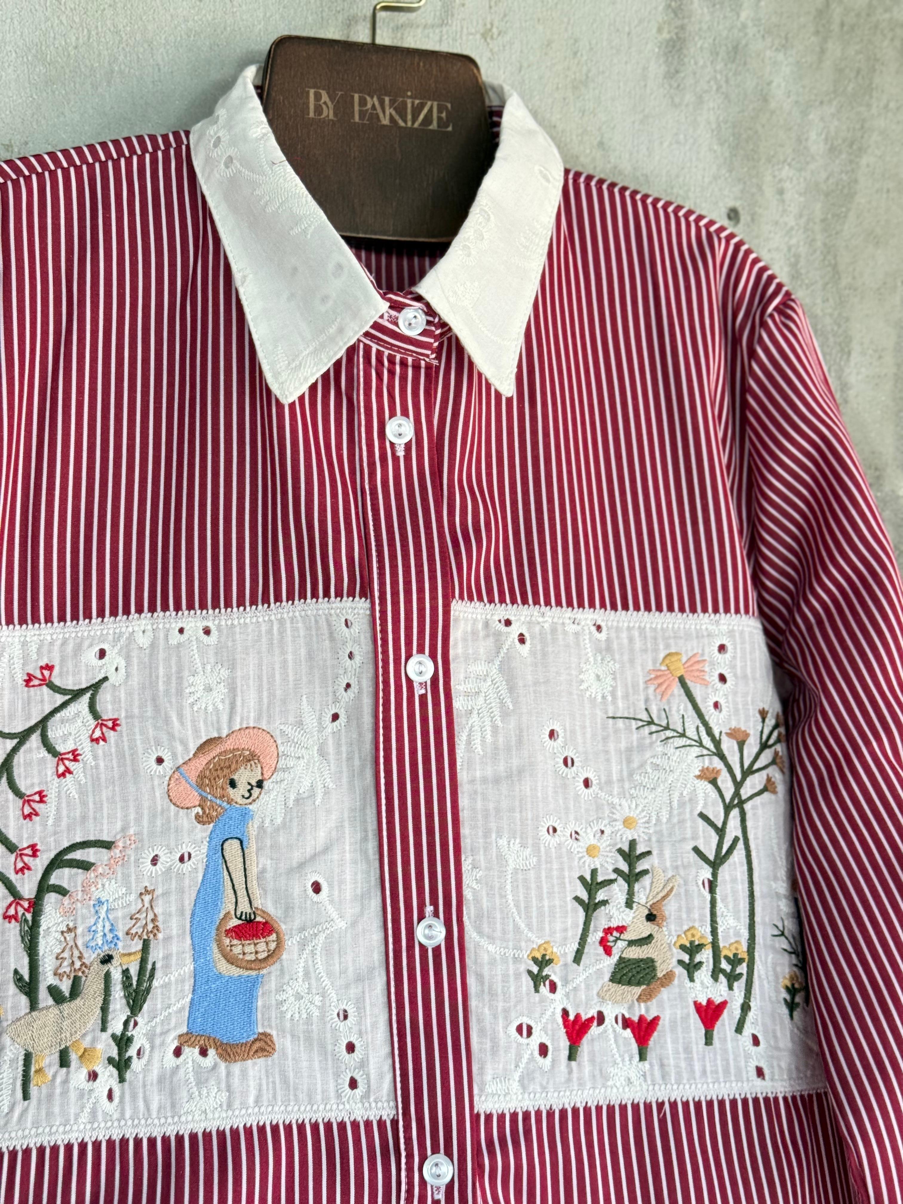Tasarım Fisto Nakış İşçilikli Gömlek (Bordo)