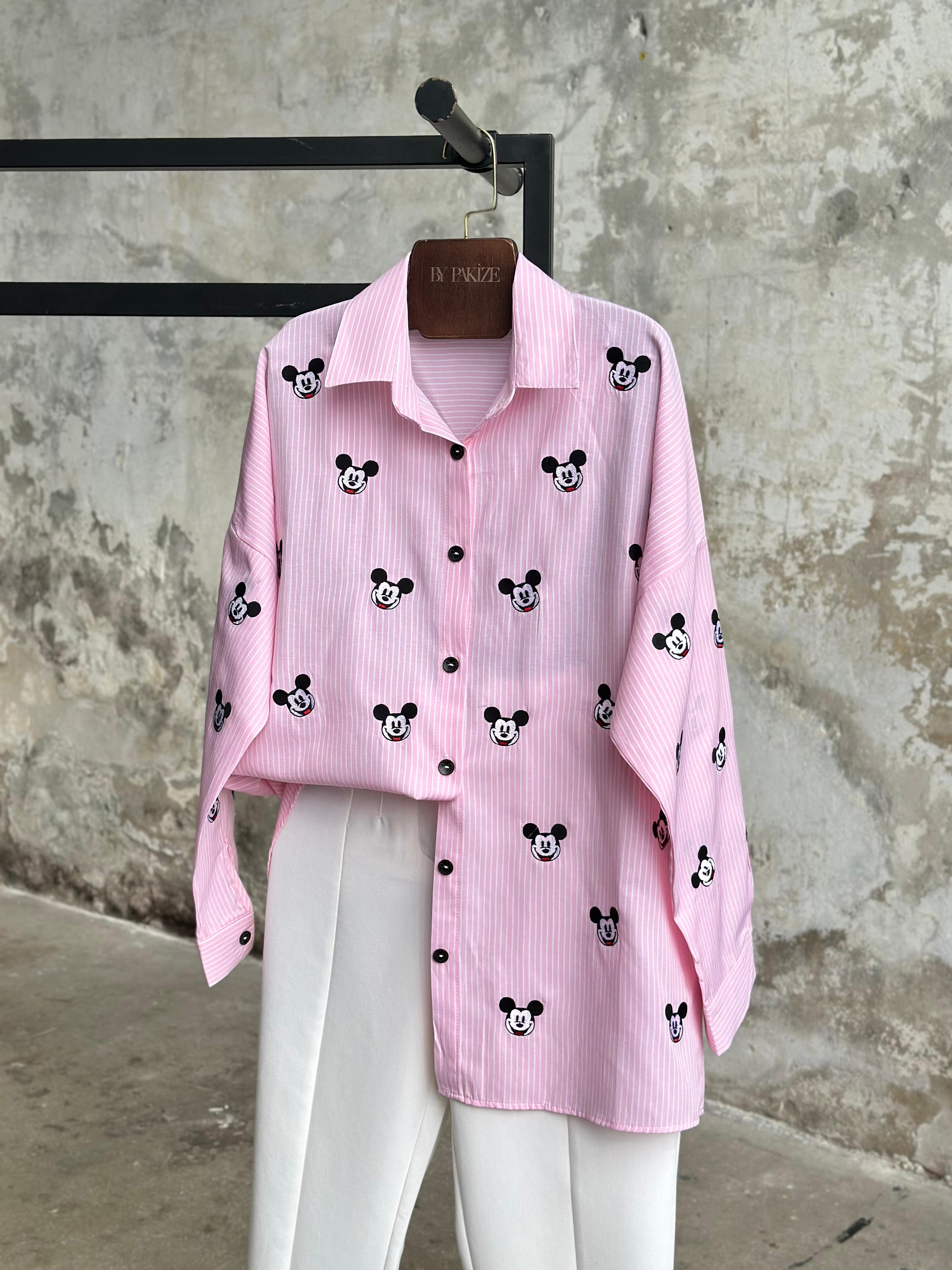 Tasarım Ful Nakış İşcilikli Mickey Mause Gömlek   (Pembe)