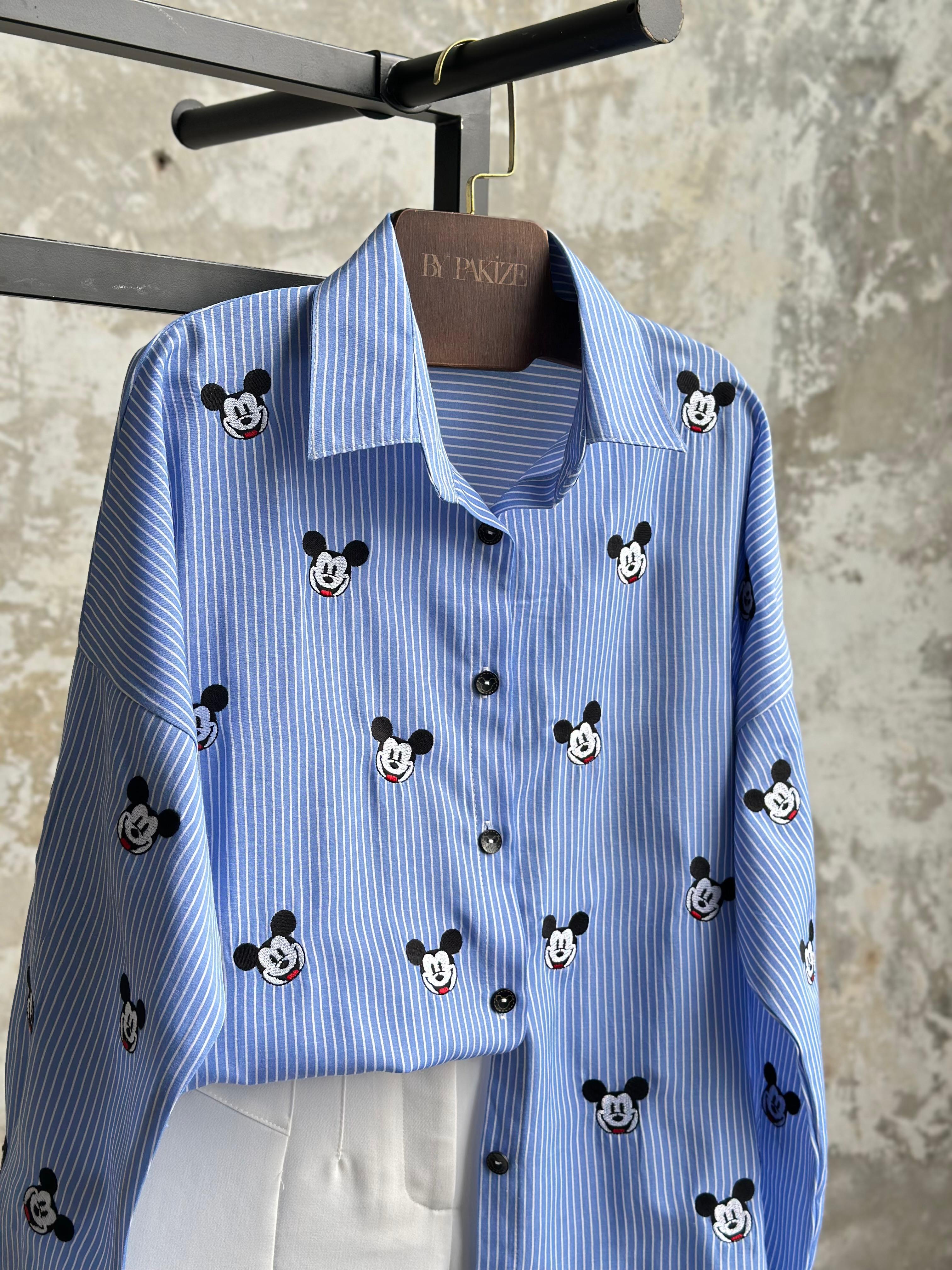 Tasarım Ful Nakış İşcilikli Mickey Mause Gömlek (Mavi)