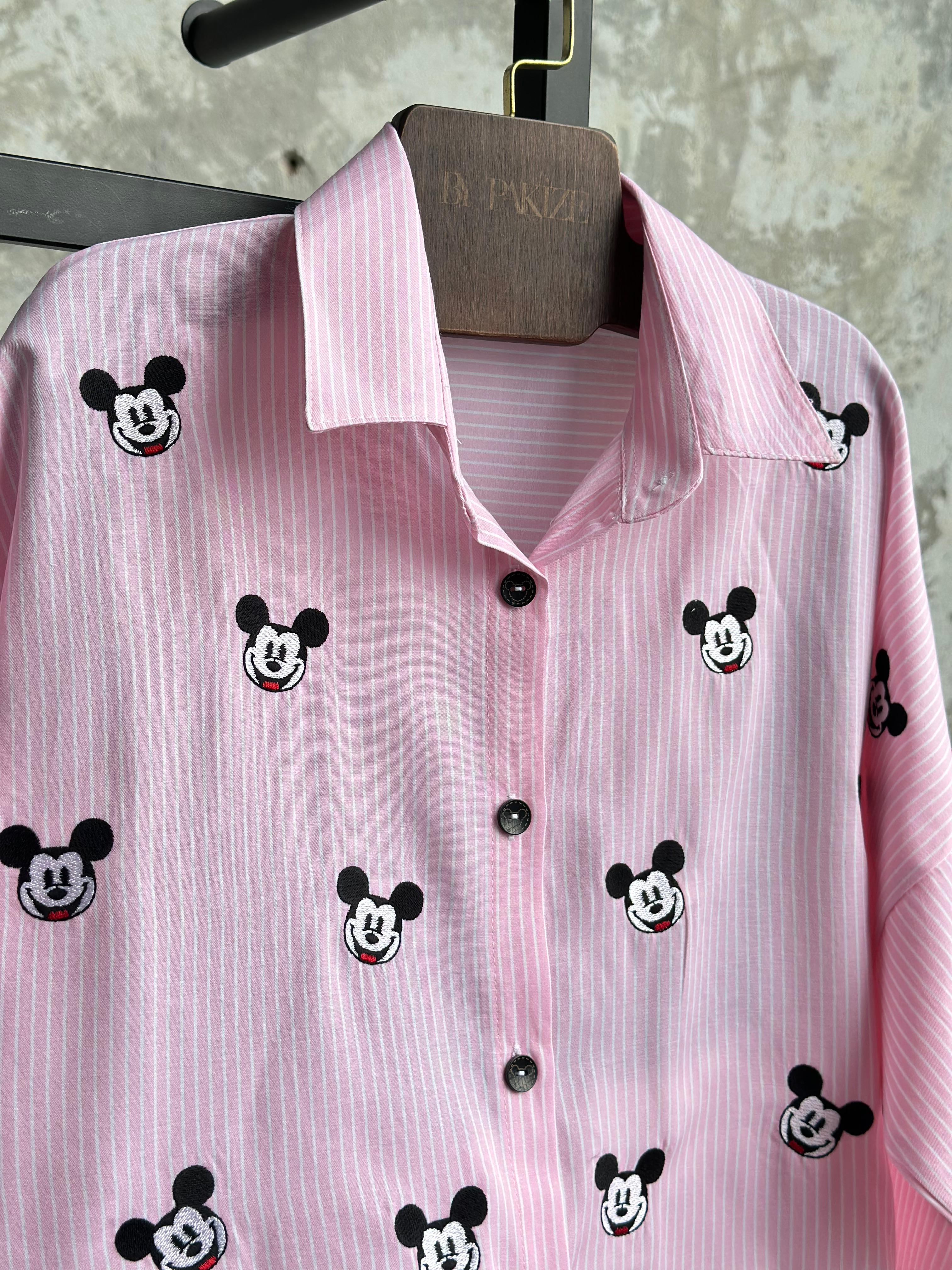 Tasarım Ful Nakış İşcilikli Mickey Mause Gömlek   (Pembe)