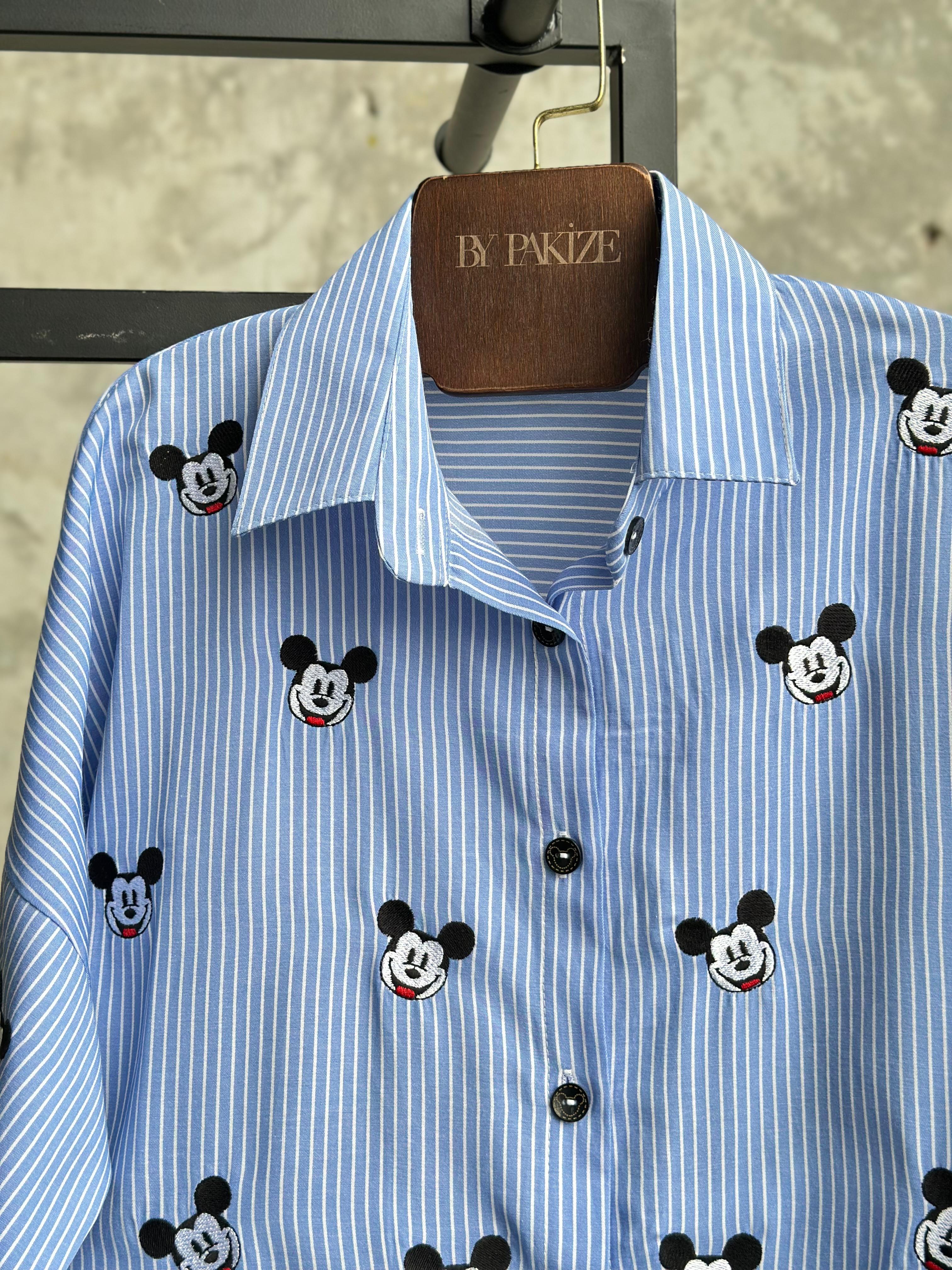 Tasarım Ful Nakış İşcilikli Mickey Mause Gömlek (Mavi)