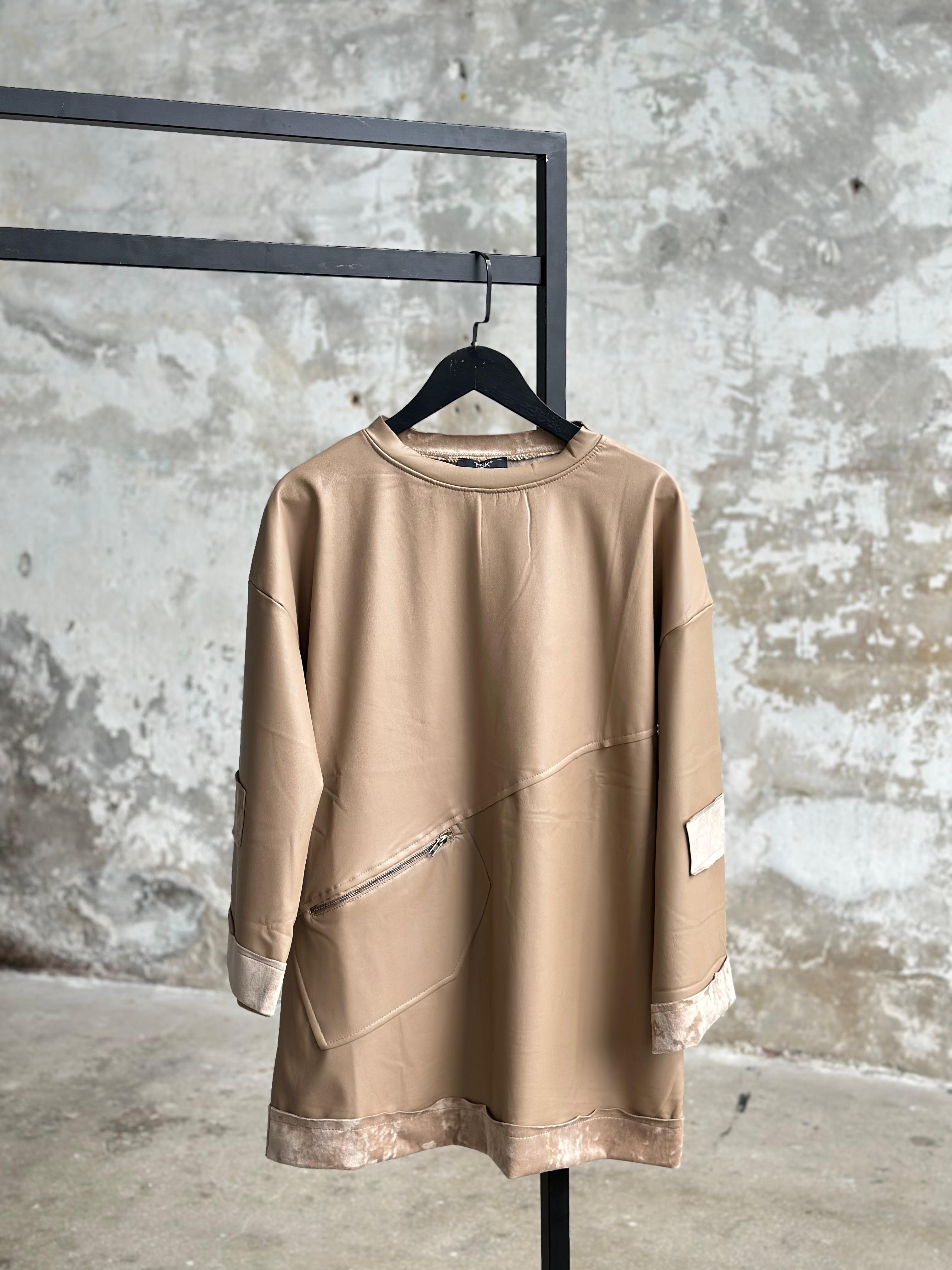 Tasarım İçi Nubuk Dışı Deri Detaylı Sweat (Bej)