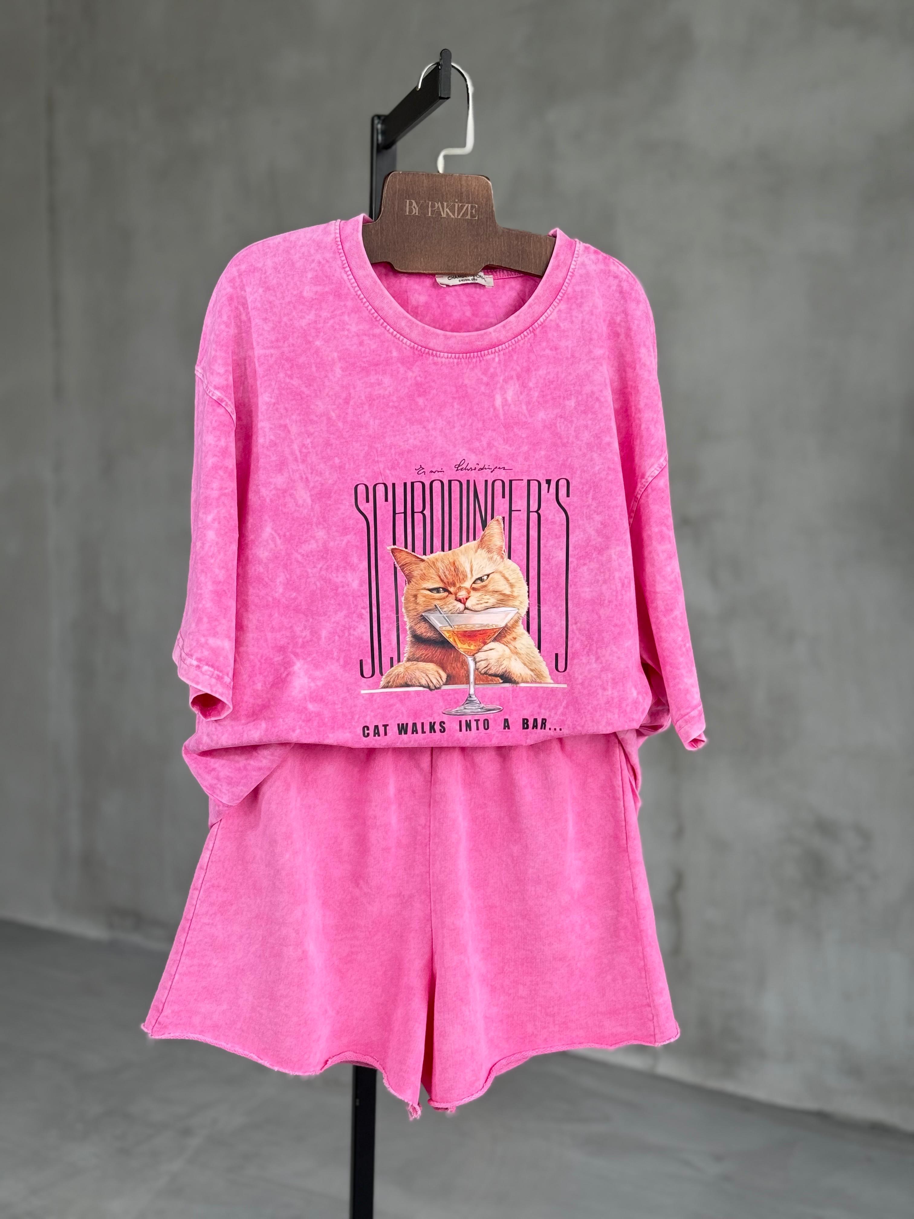 Tasarım Kedi Baskılı Taş Yıkama Oversize Dokuma Tişört (Pembe)
