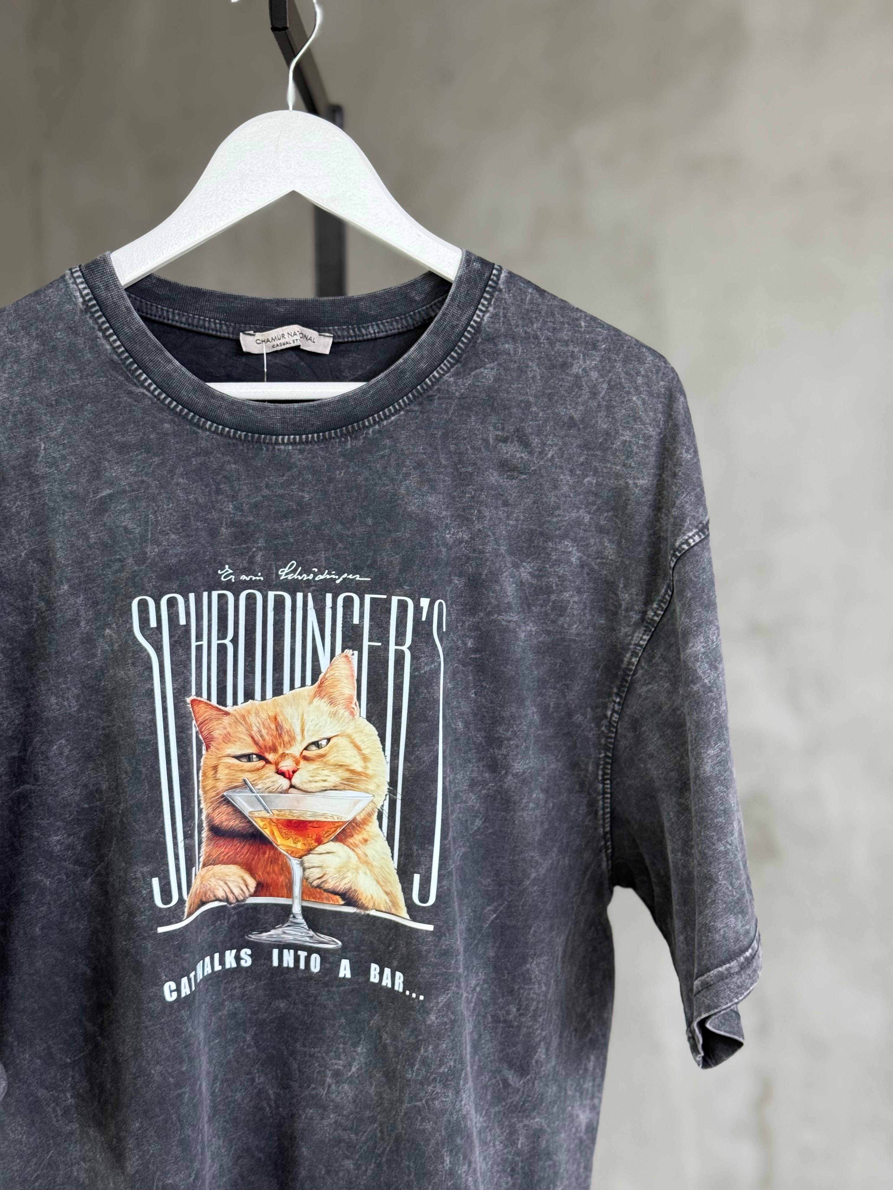 Tasarım Kedi Baskılı Taş Yıkama Oversize Dokuma Tişört (Antrasit)