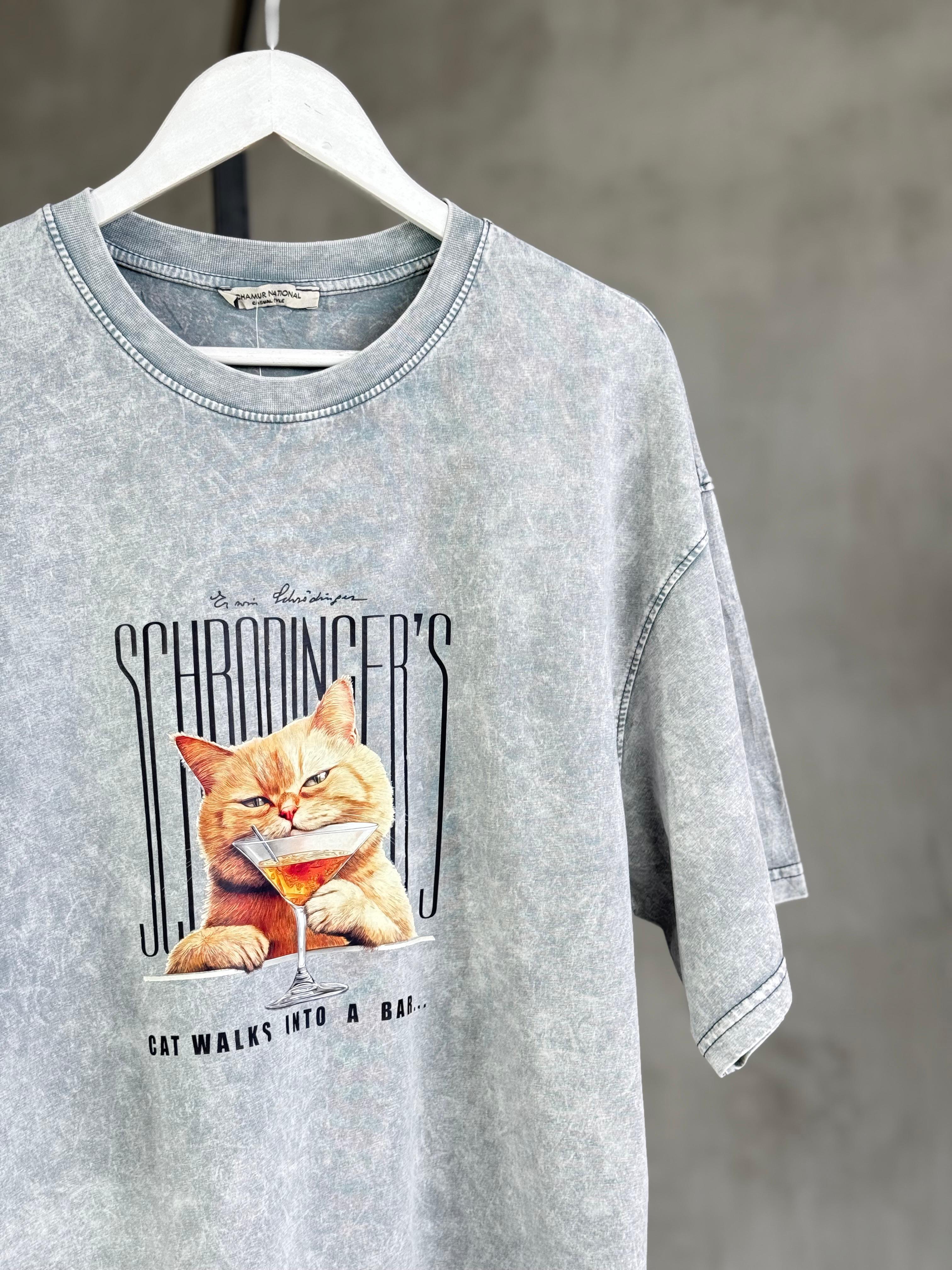 Tasarım Kedi Baskılı Taş Yıkama Oversize Dokuma Tişört (Gri)